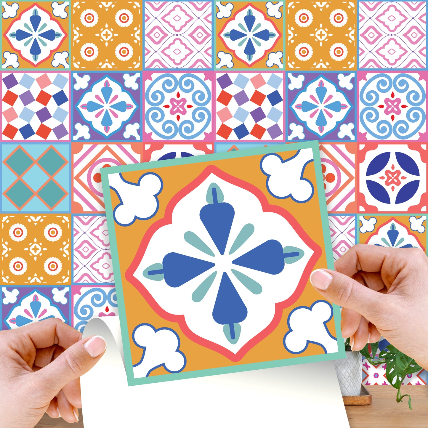 WT1538 - Classic Moroccan Colourful Mixed Tiles Wall Stickers Set 2 - 15 x 15 cm (6 x 6 inches) - 24 pcs
