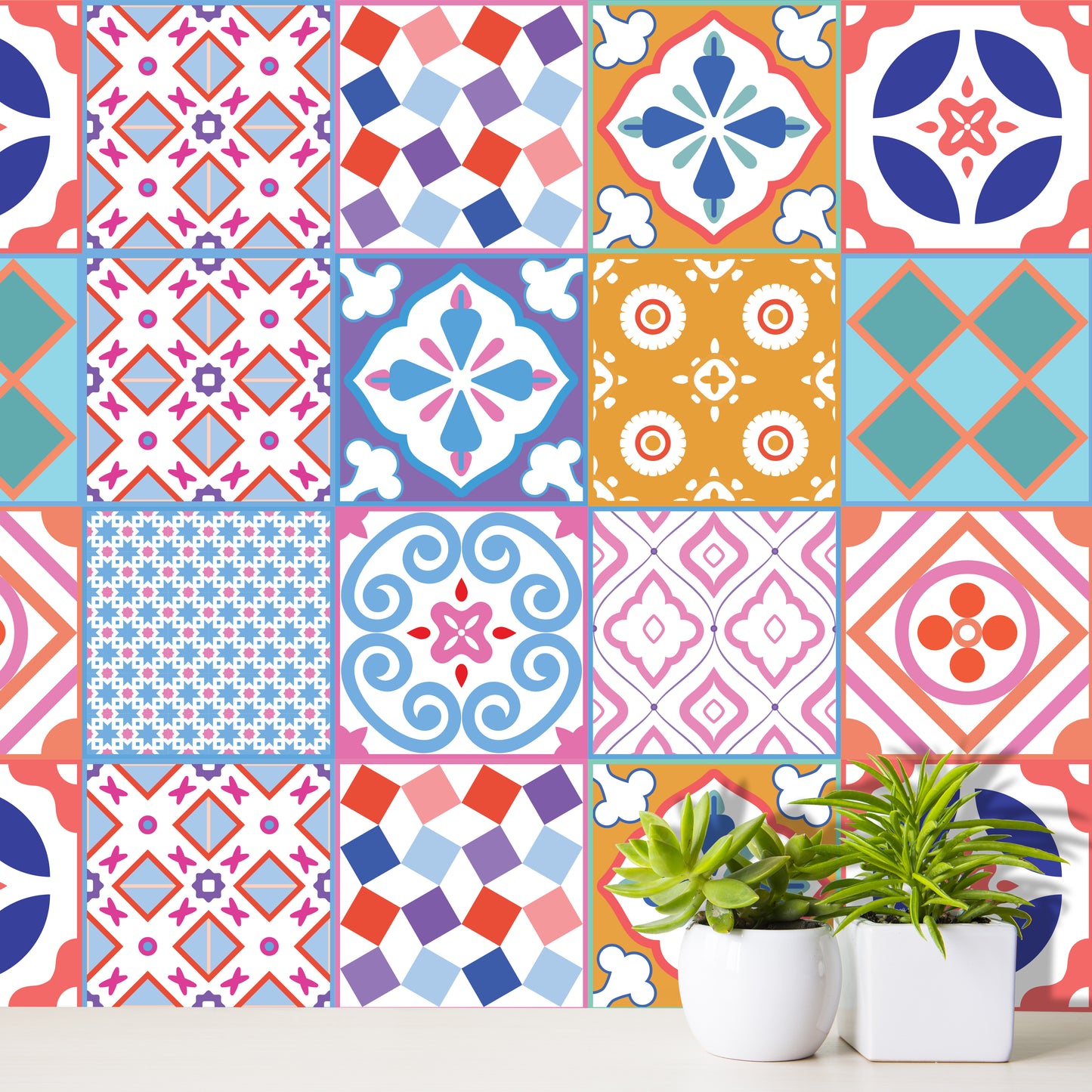 WT1538 - Classic Moroccan Colourful Mixed Tiles Wall Stickers Set 2 - 15 x 15 cm (6 x 6 inches) - 24 pcs