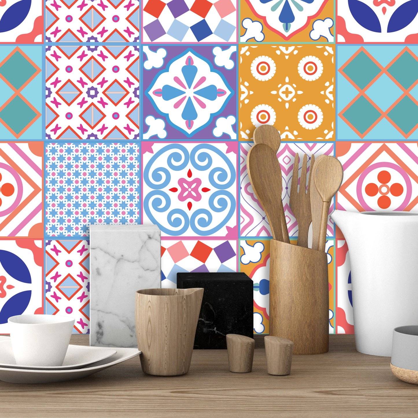 WT1538 - Classic Moroccan Colourful Mixed Tiles Wall Stickers Set 2 - 15 x 15 cm (6 x 6 inches) - 24 pcs