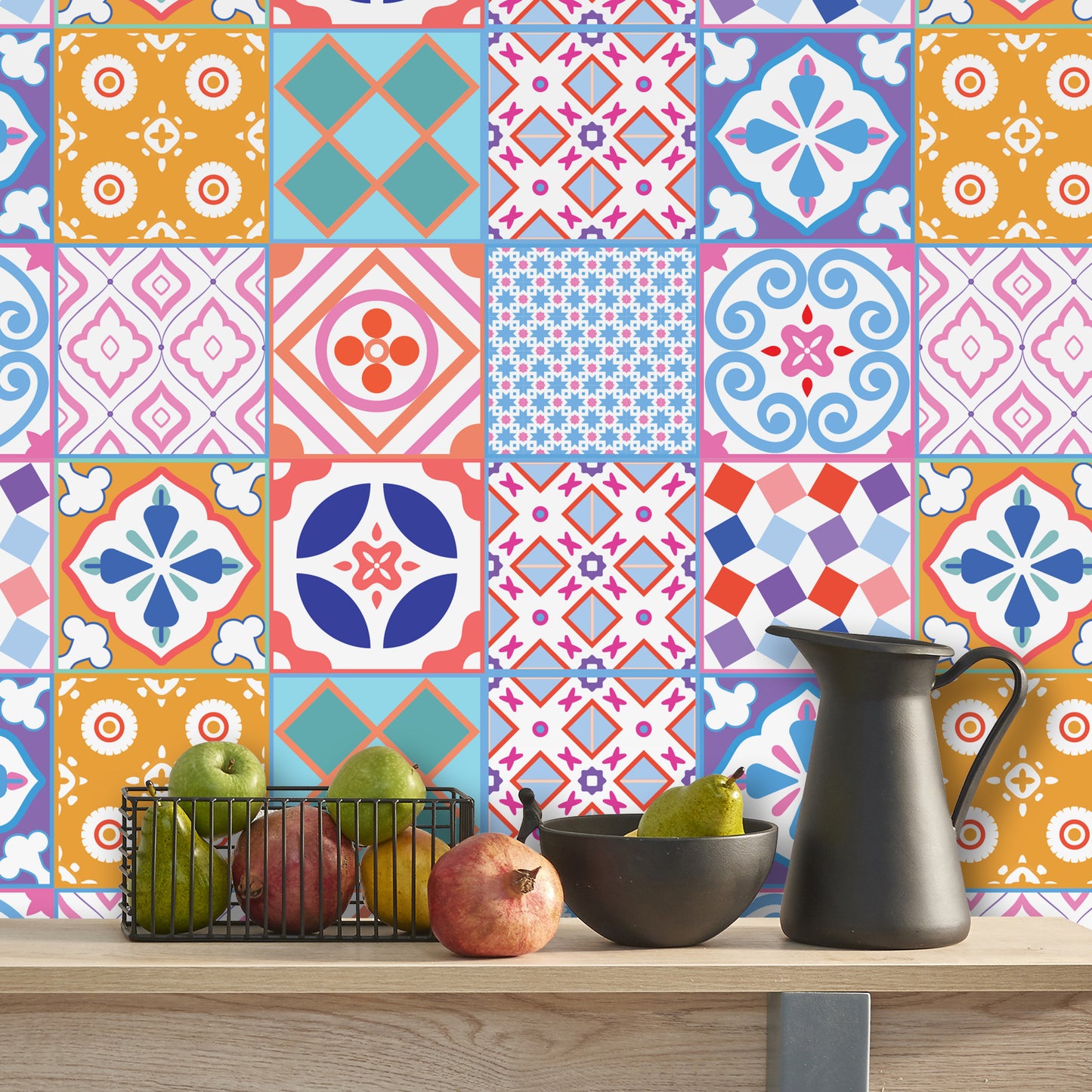 WT1538 - Classic Moroccan Colourful Mixed Tiles Wall Stickers Set 2 - 15 x 15 cm (6 x 6 inches) - 24 pcs