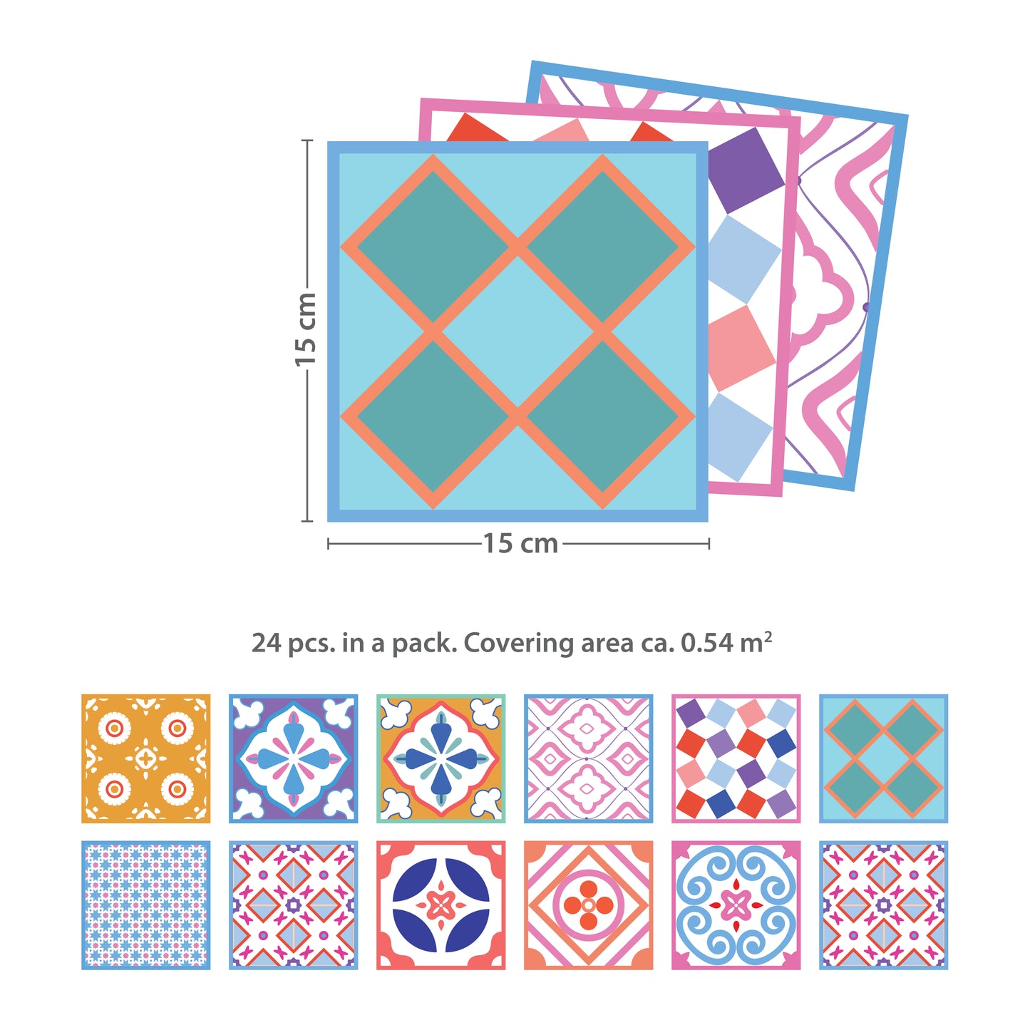 WT1538 - Classic Moroccan Colourful Mixed Tiles Wall Stickers Set 2 - 15 x 15 cm (6 x 6 inches) - 24 pcs