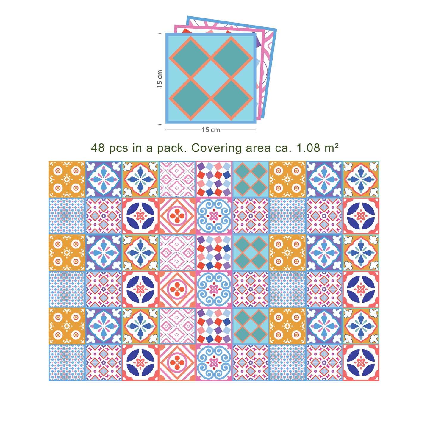 WT1538 - Classic Moroccan Colourful Mixed Tiles Wall Stickers Set 2 - 15 x 15 cm (6 x 6 inches) - 24 pcs