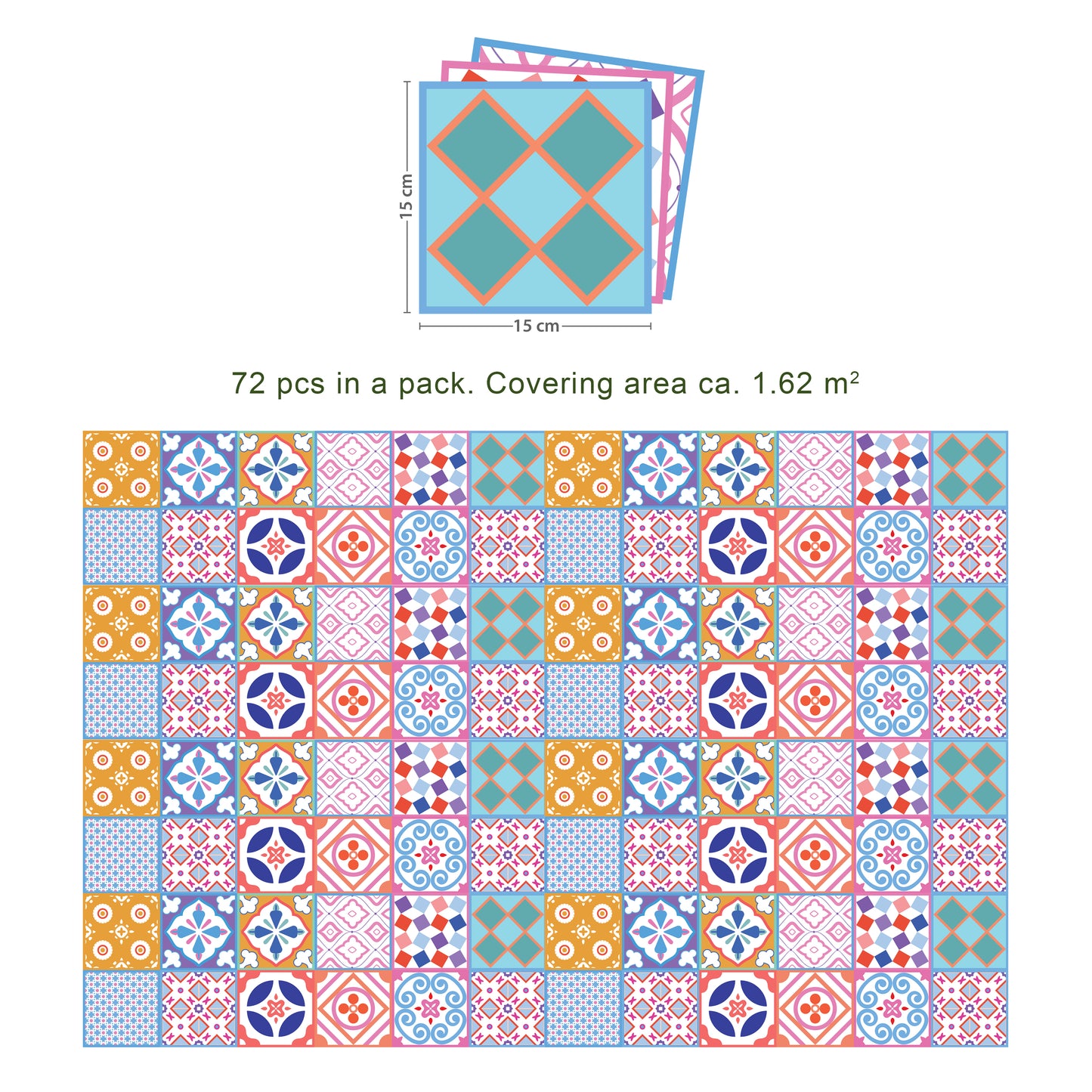 WT1538 - Classic Moroccan Colourful Mixed Tiles Wall Stickers Set 2 - 15 x 15 cm (6 x 6 inches) - 24 pcs