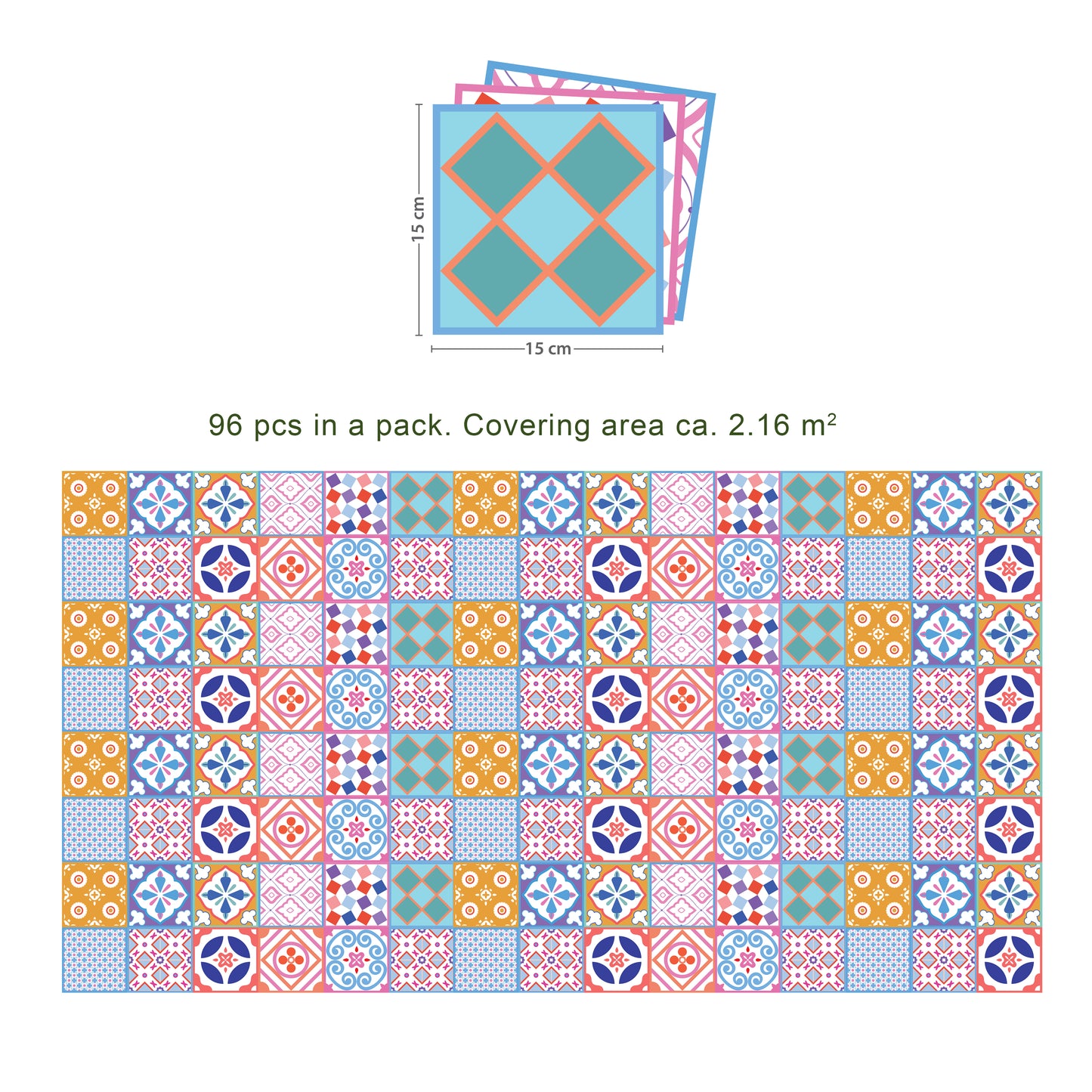 WT1538 - Classic Moroccan Colourful Mixed Tiles Wall Stickers Set 2 - 15 x 15 cm (6 x 6 inches) - 24 pcs
