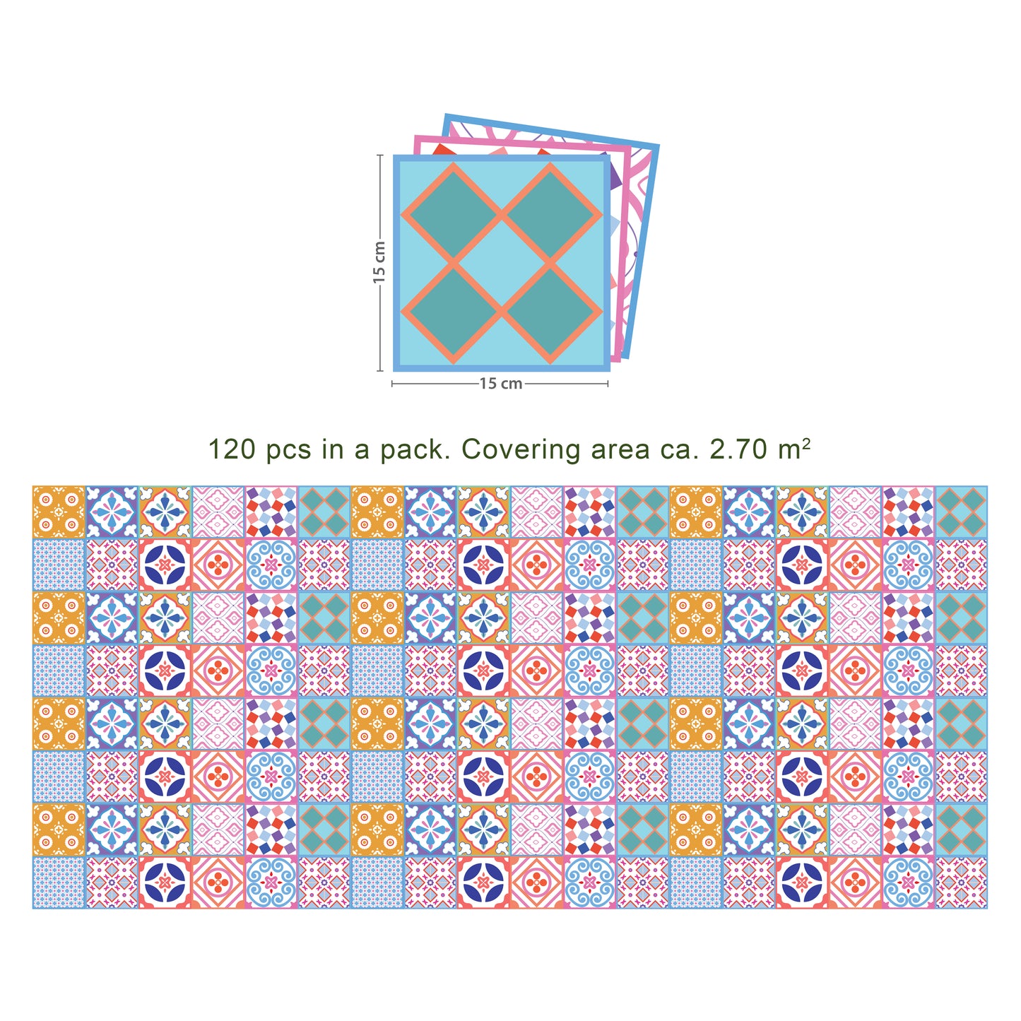 WT1538 - Classic Moroccan Colourful Mixed Tiles Wall Stickers Set 2 - 15 x 15 cm (6 x 6 inches) - 24 pcs