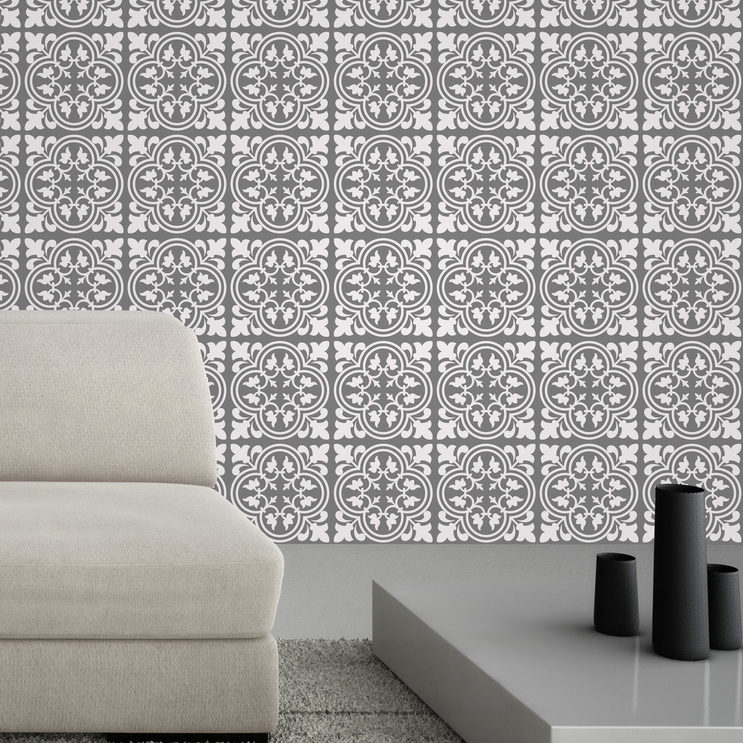 WT1539 - Cement Antique Floral Tulip Pattern Tiles Wall Stickers Set 2 - 15 x 15 cm (6 x 6 inches) - 24 pcs