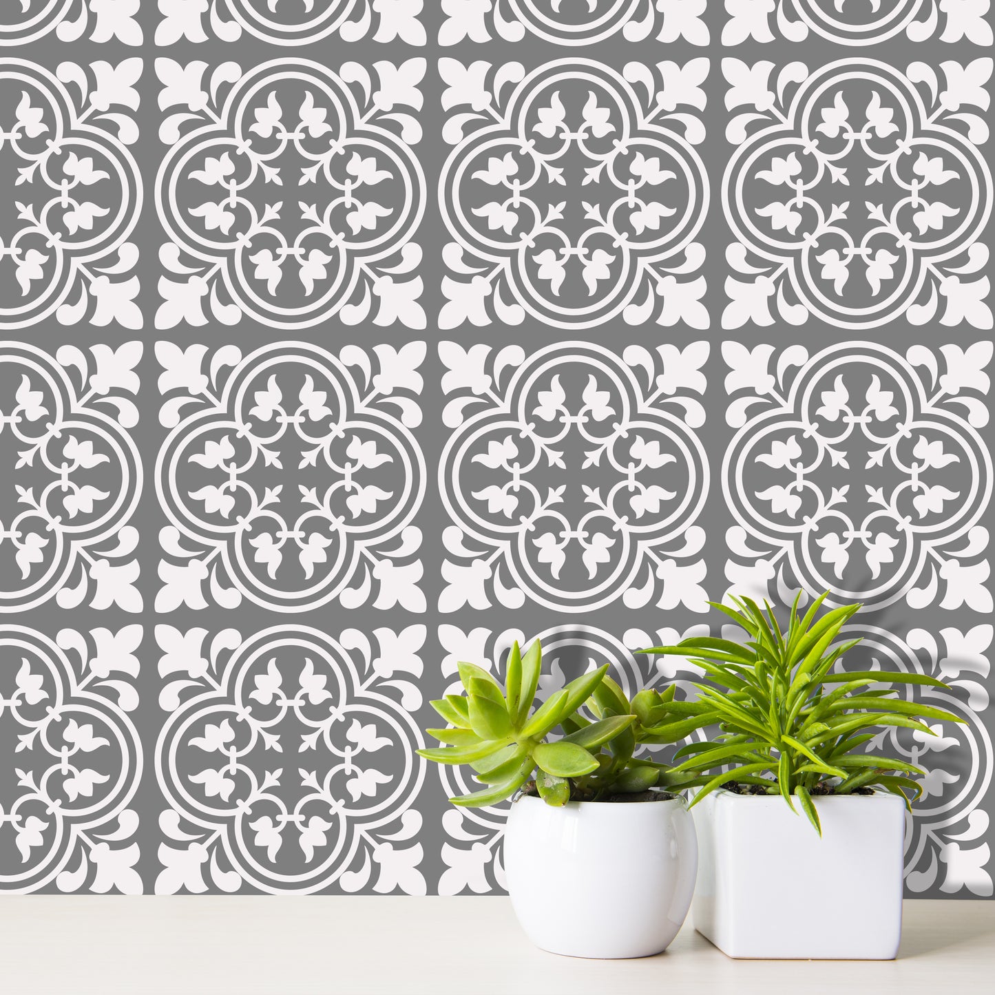 WT1539 - Cement Antique Floral Tulip Pattern Tiles Wall Stickers Set 2 - 15 x 15 cm (6 x 6 inches) - 24 pcs