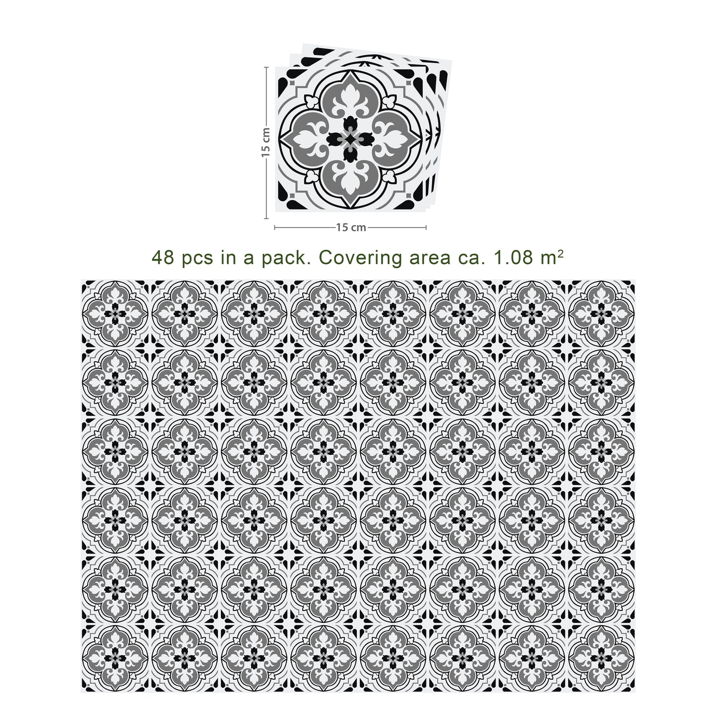WT1540 - Seamless Antique Floral Tiles Design Wall Stickers Set 2 - 15 x 15 cm (6 x 6 inches) - 24 pcs