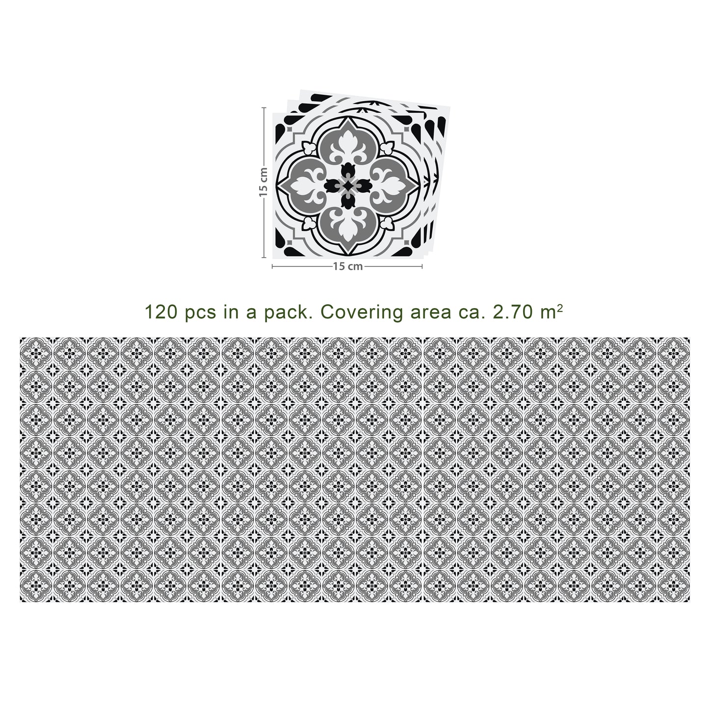 WT1540 - Seamless Antique Floral Tiles Design Wall Stickers Set 2 - 15 x 15 cm (6 x 6 inches) - 24 pcs