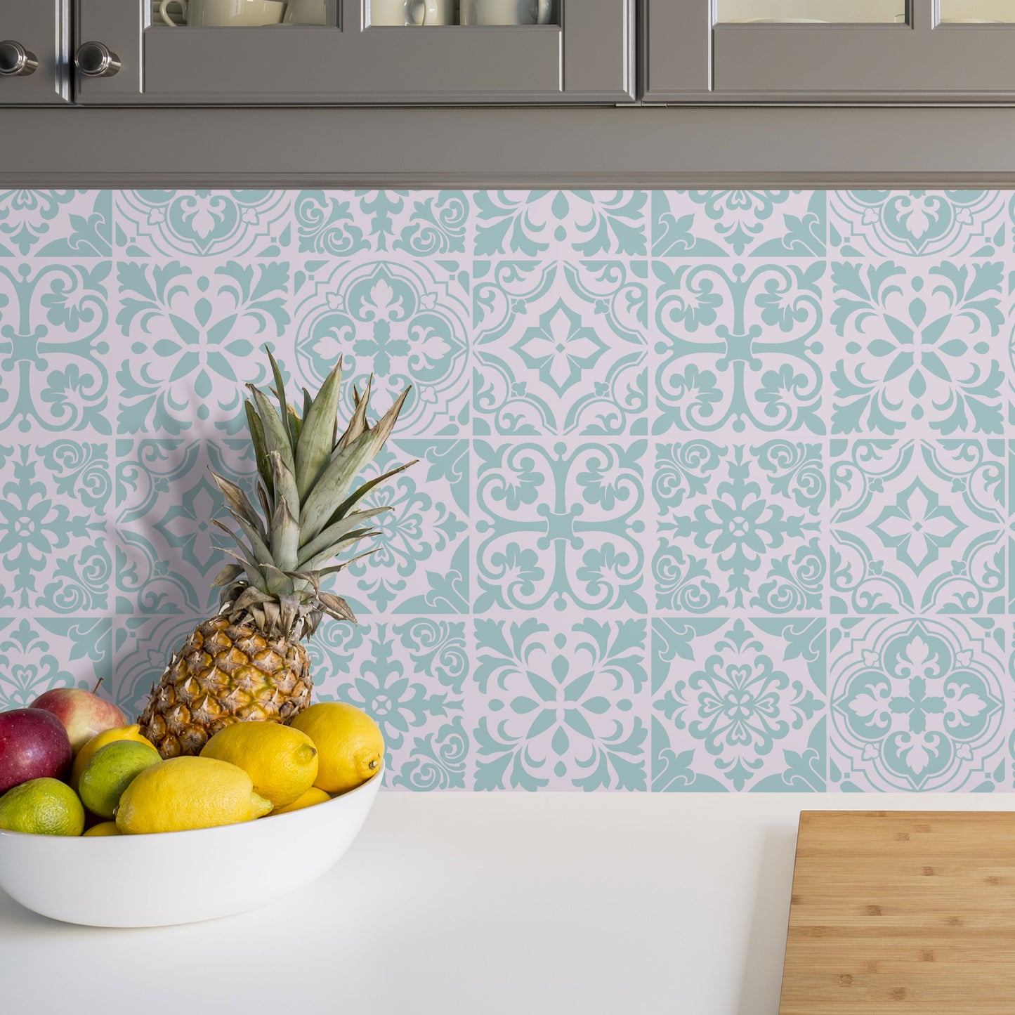 WT1541 - Santa Rosa Pistachio - Light Grey Stencil Tiles Wall Stickers - 15 cm x 15 cm - 24 pcs