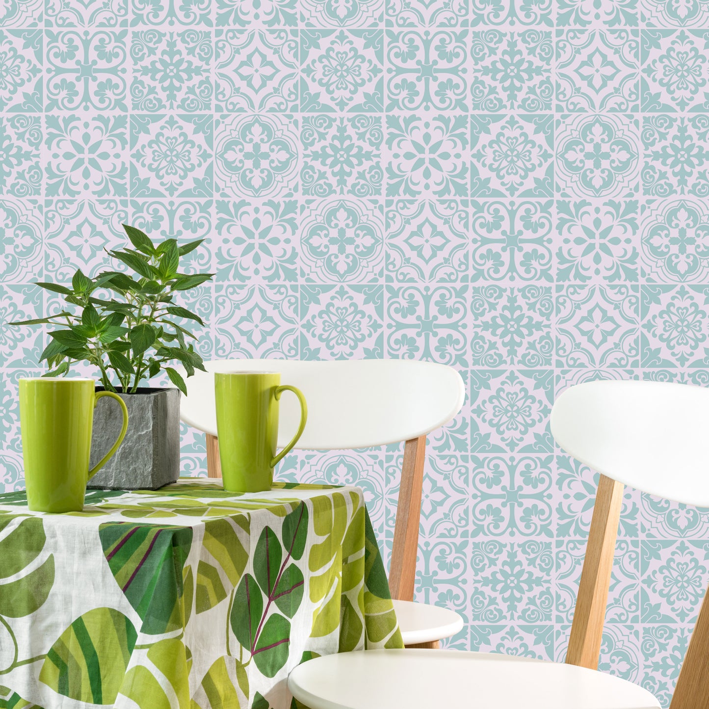 WT1541 - Santa Rosa Pistachio - Light Grey Stencil Tiles Wall Stickers - 15 cm x 15 cm - 24 pcs