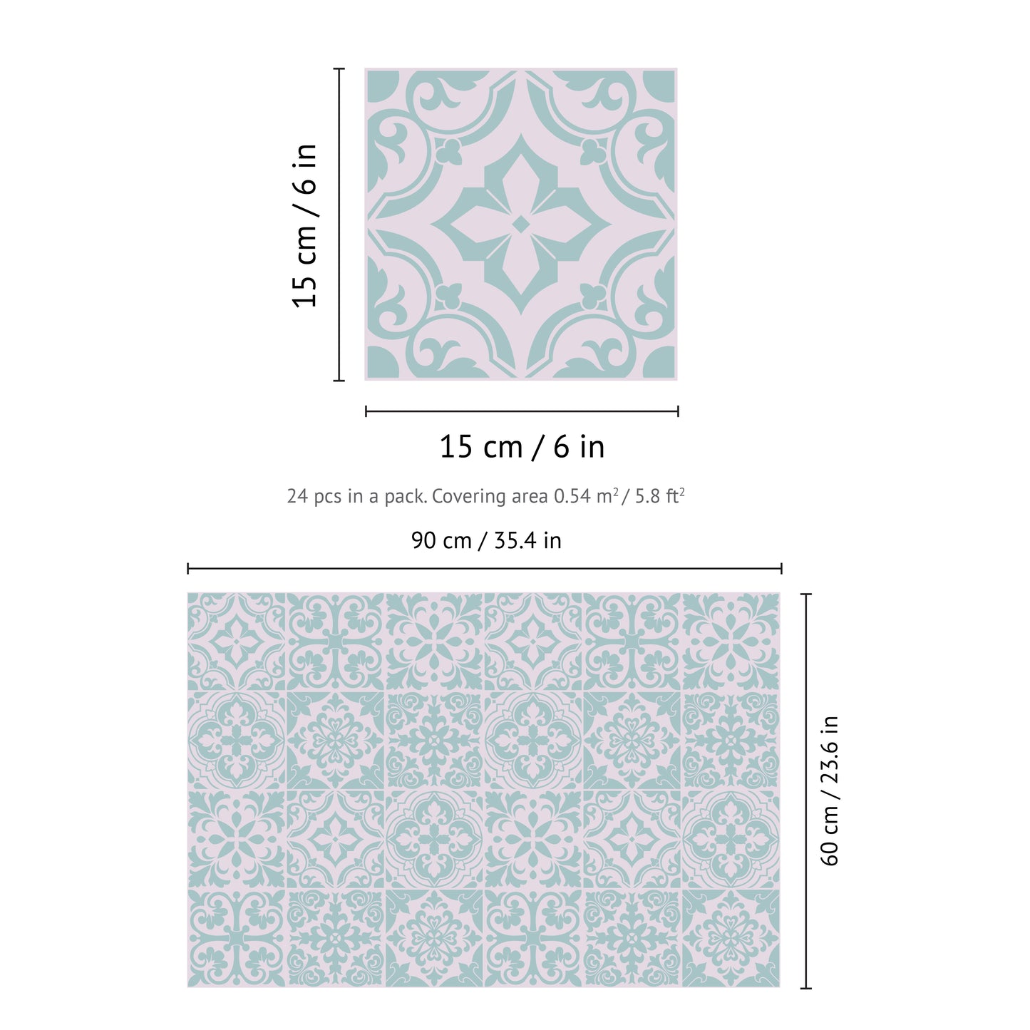 WT1541 - Santa Rosa Pistachio - Light Grey Stencil Tiles Wall Stickers - 15 cm x 15 cm - 24 pcs