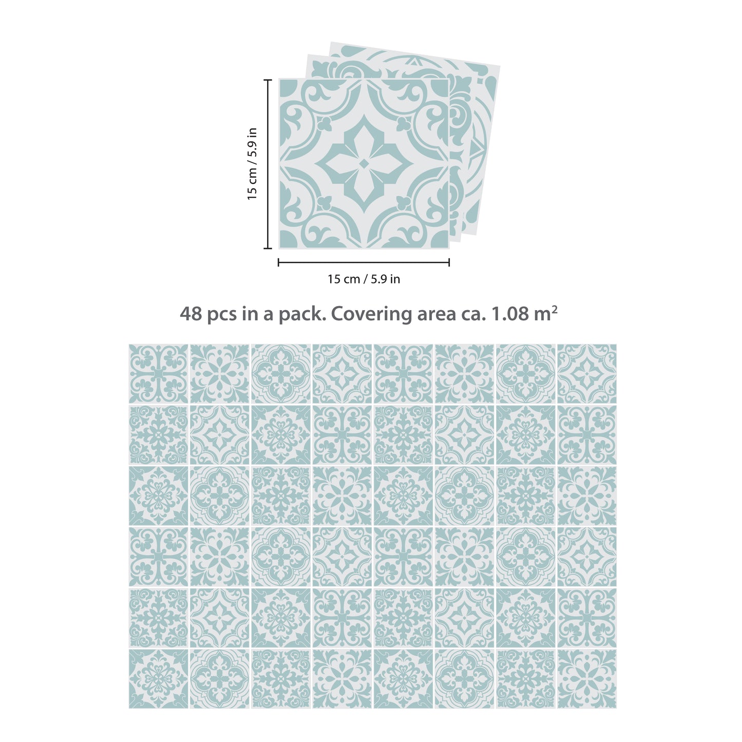 WT1541 - Santa Rosa Pistachio - Light Grey Stencil Tiles Wall Stickers - 15 cm x 15 cm - 24 pcs