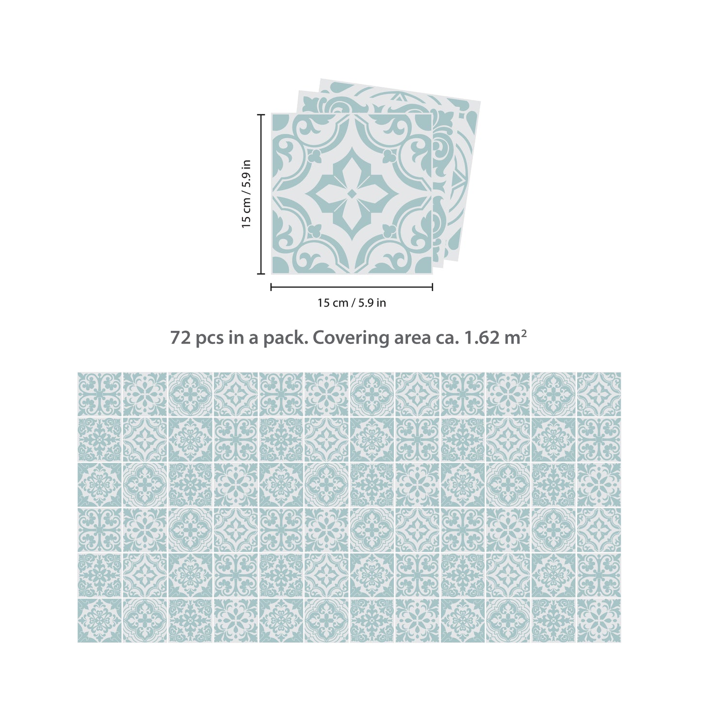 WT1541 - Santa Rosa Pistachio - Light Grey Stencil Tiles Wall Stickers - 15 cm x 15 cm - 24 pcs
