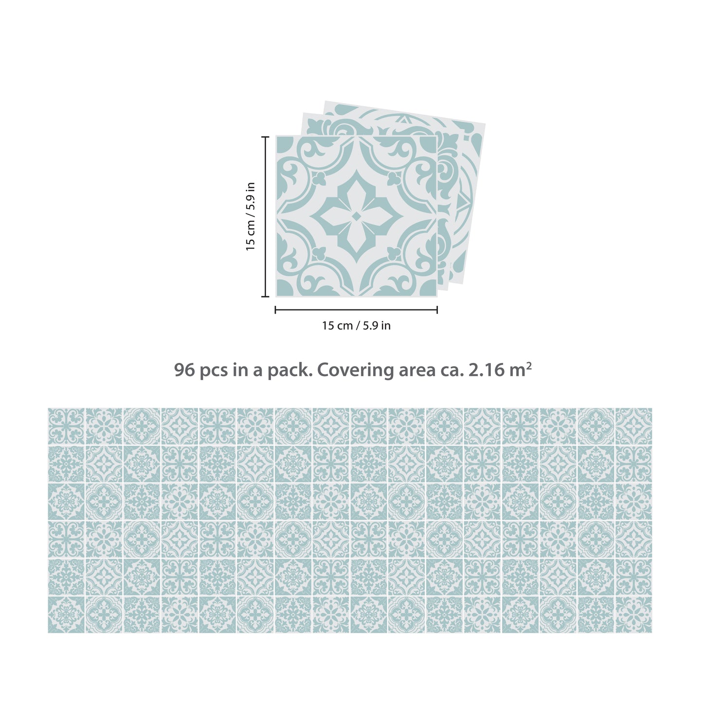 WT1541 - Santa Rosa Pistachio - Light Grey Stencil Tiles Wall Stickers - 15 cm x 15 cm - 24 pcs