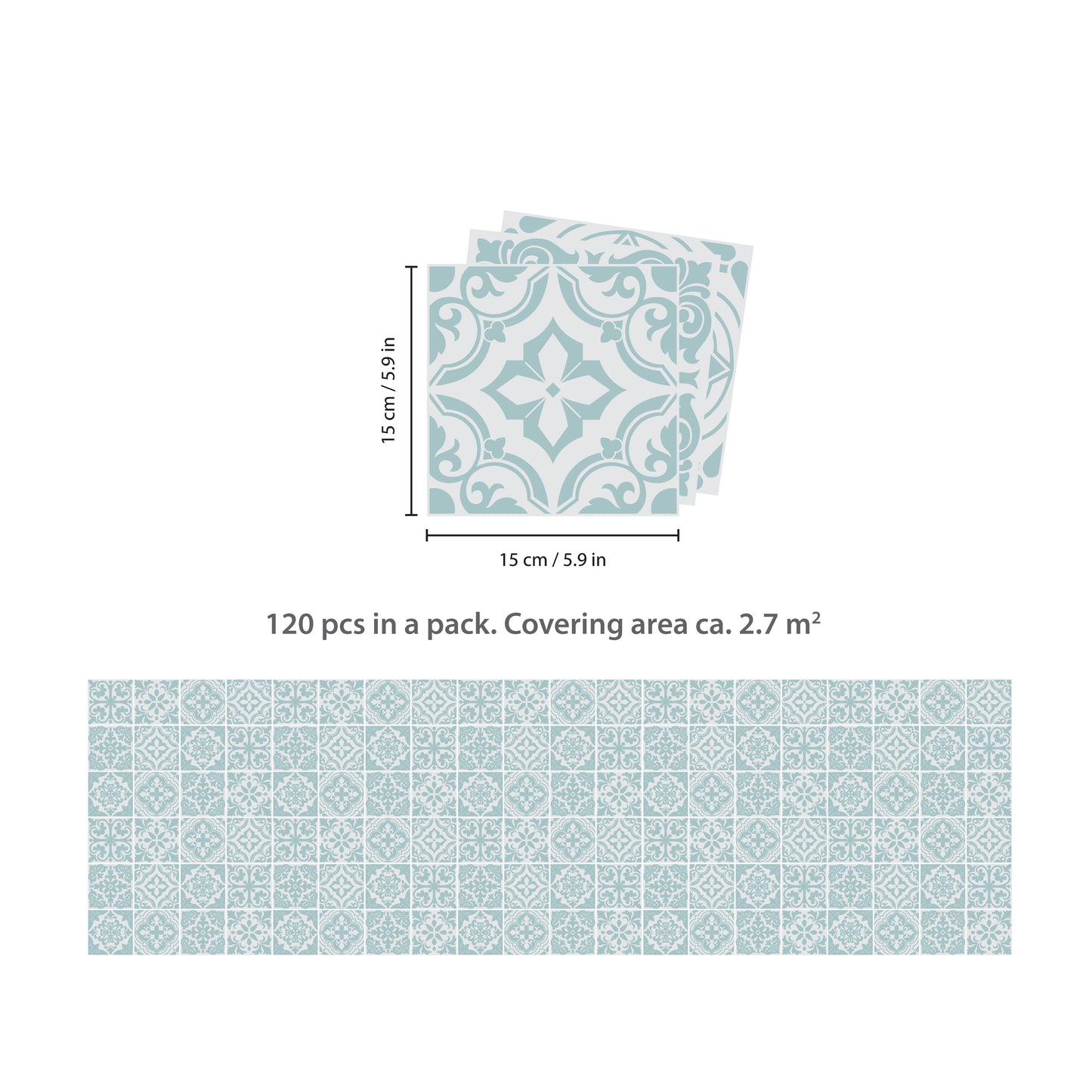 WT1541 - Santa Rosa Pistachio - Light Grey Stencil Tiles Wall Stickers - 15 cm x 15 cm - 24 pcs