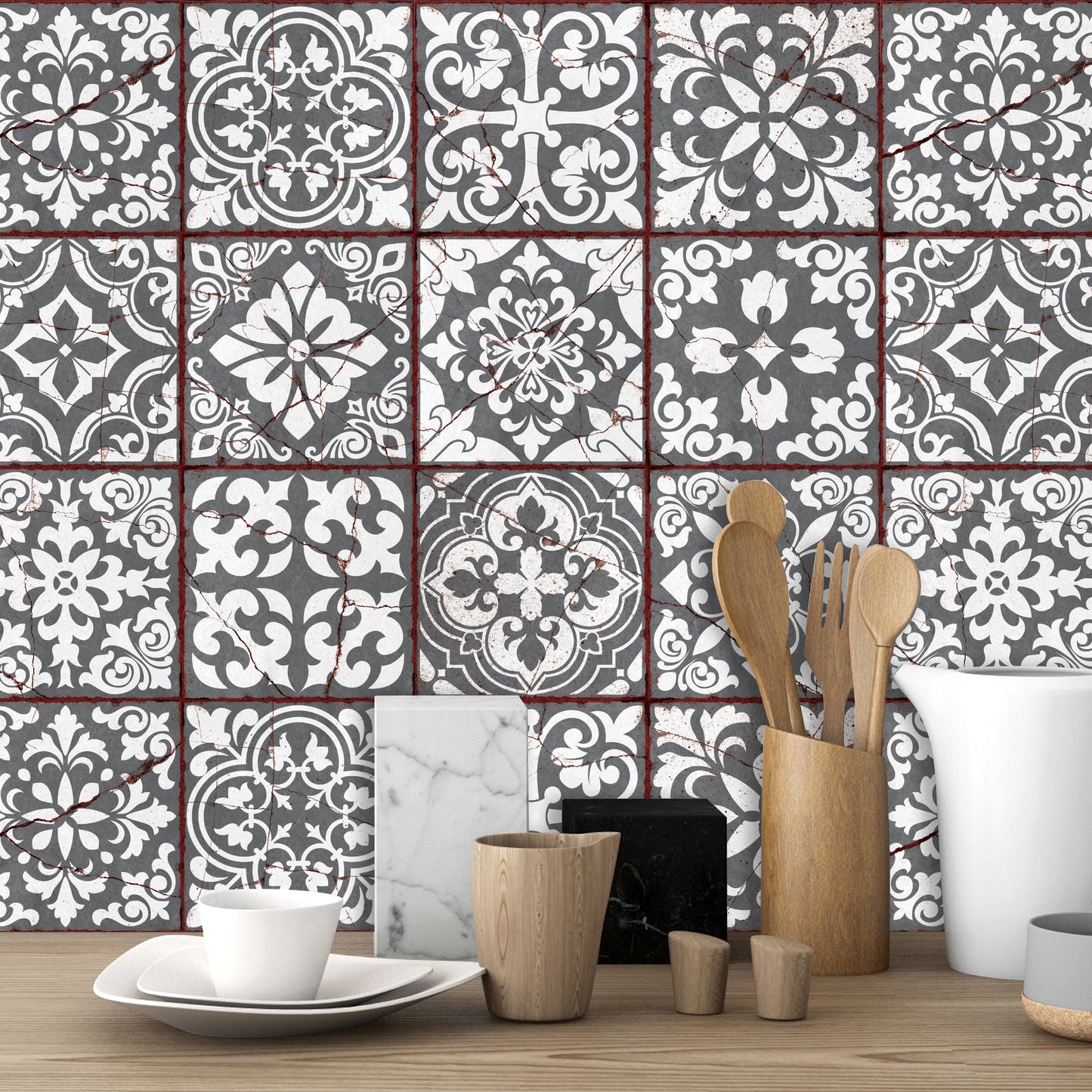 WT1543 - Vintage Cracked Design Medieval Tiles Wall Stickers - 15 cm x 15 cm - 24 pcs