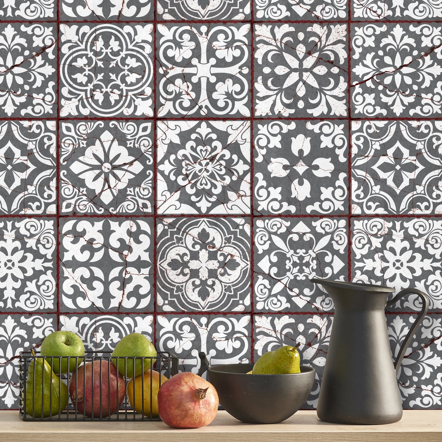 WT1543 - Vintage Cracked Design Medieval Tiles Wall Stickers - 15 cm x 15 cm - 24 pcs