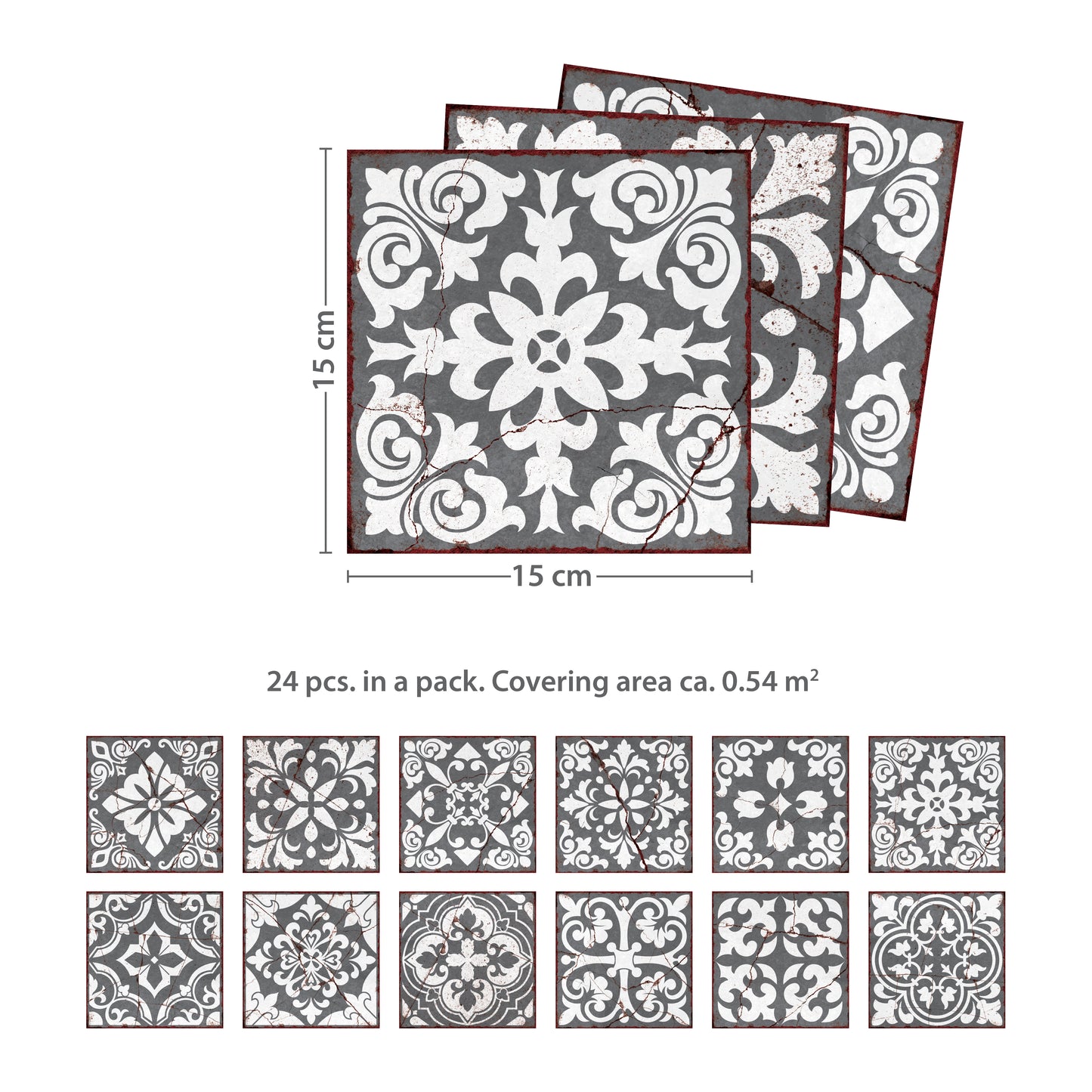 WT1543 - Vintage Cracked Design Medieval Tiles Wall Stickers - 15 cm x 15 cm - 24 pcs