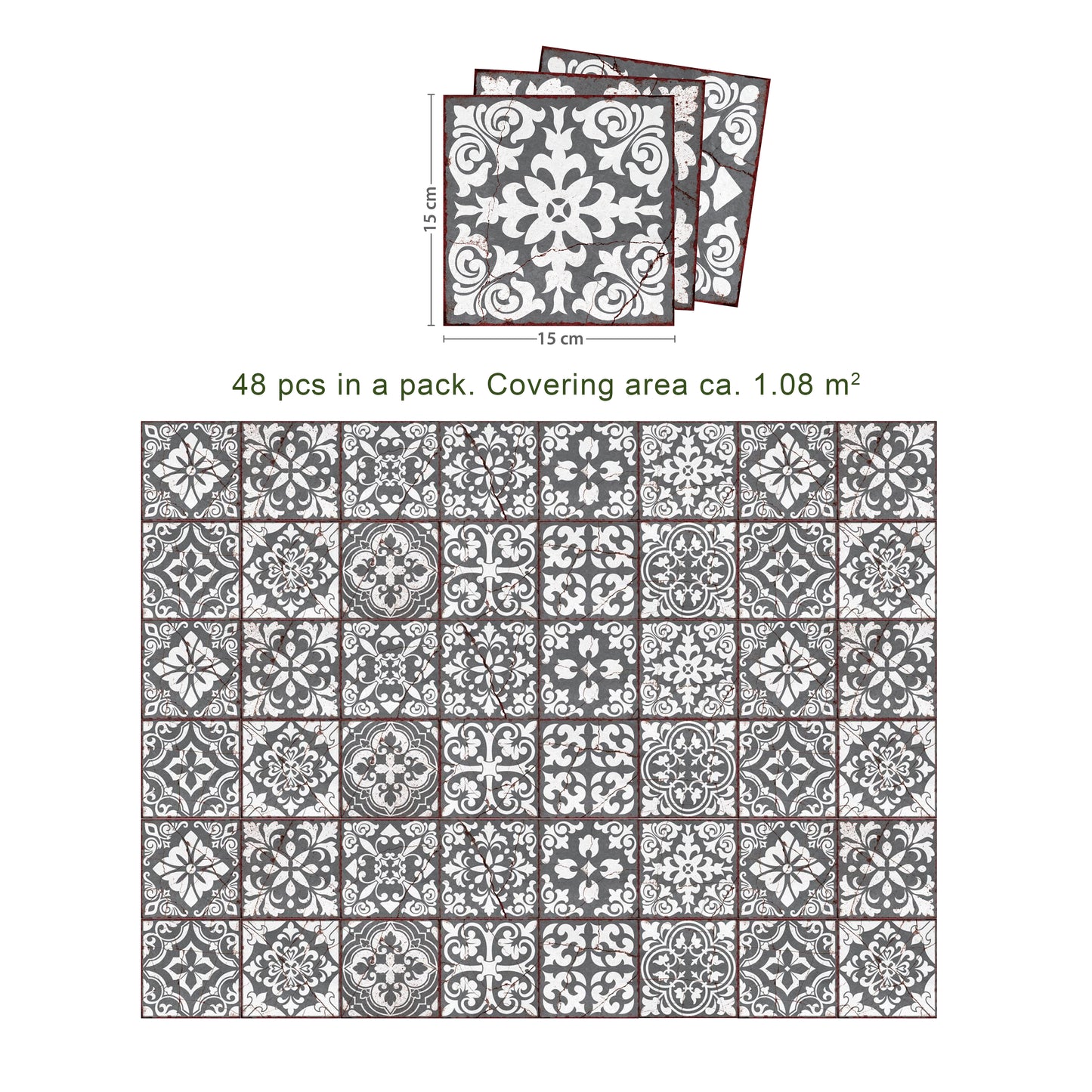 WT1543 - Vintage Cracked Design Medieval Tiles Wall Stickers - 15 cm x 15 cm - 24 pcs