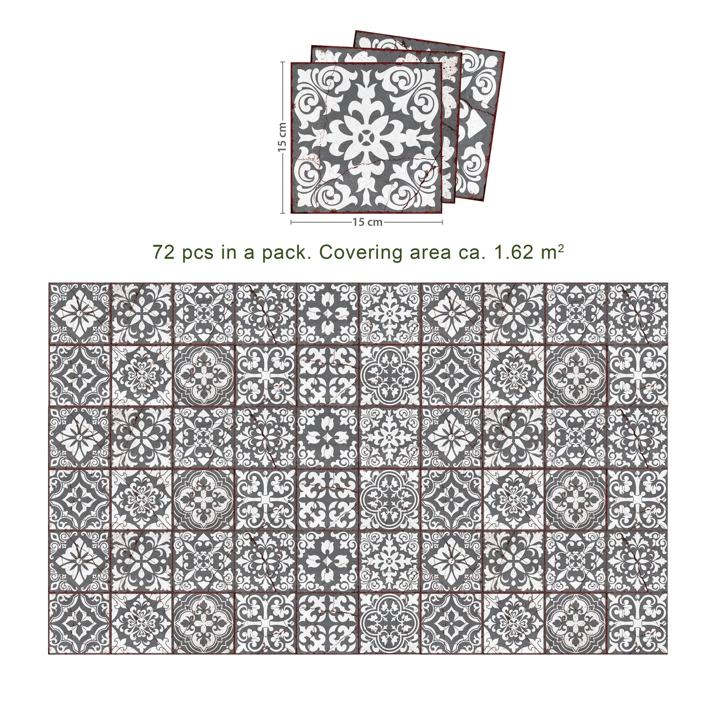 WT1543 - Vintage Cracked Design Medieval Tiles Wall Stickers - 15 cm x 15 cm - 24 pcs