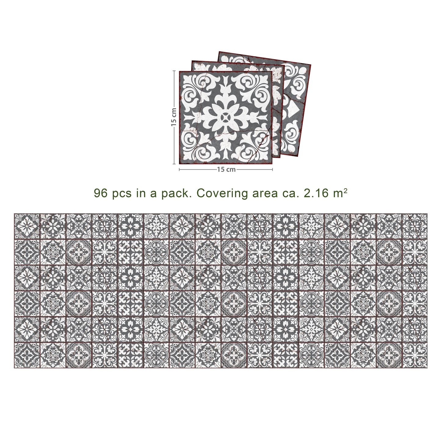 WT1543 - Vintage Cracked Design Medieval Tiles Wall Stickers - 15 cm x 15 cm - 24 pcs