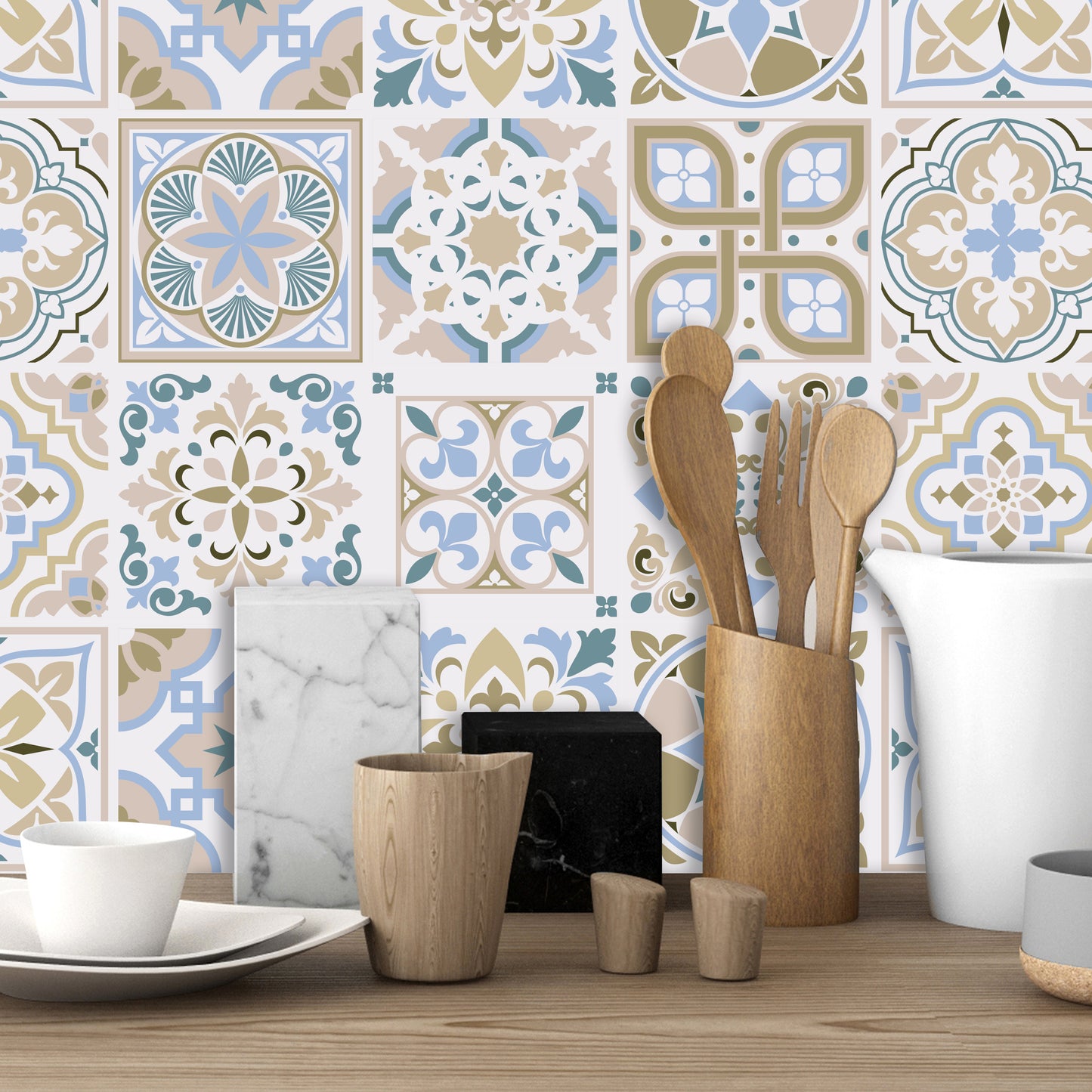 WT1544 - Light Sapphire and Parchment colour Traditional Spanish Tiles Wall Stickers - 15 cm x 15 cm - 24 pcs