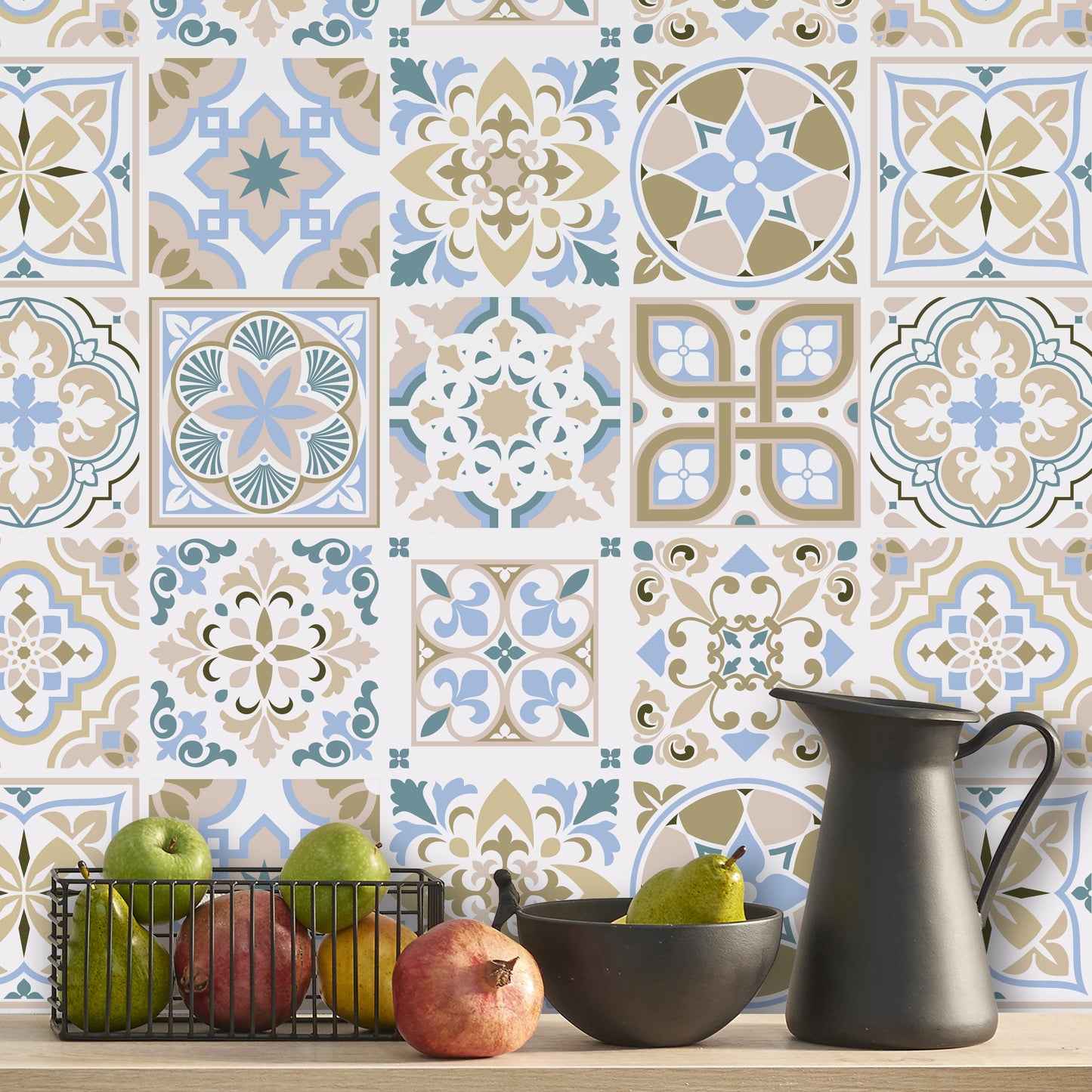 WT1544 - Light Sapphire and Parchment colour Traditional Spanish Tiles Wall Stickers - 15 cm x 15 cm - 24 pcs