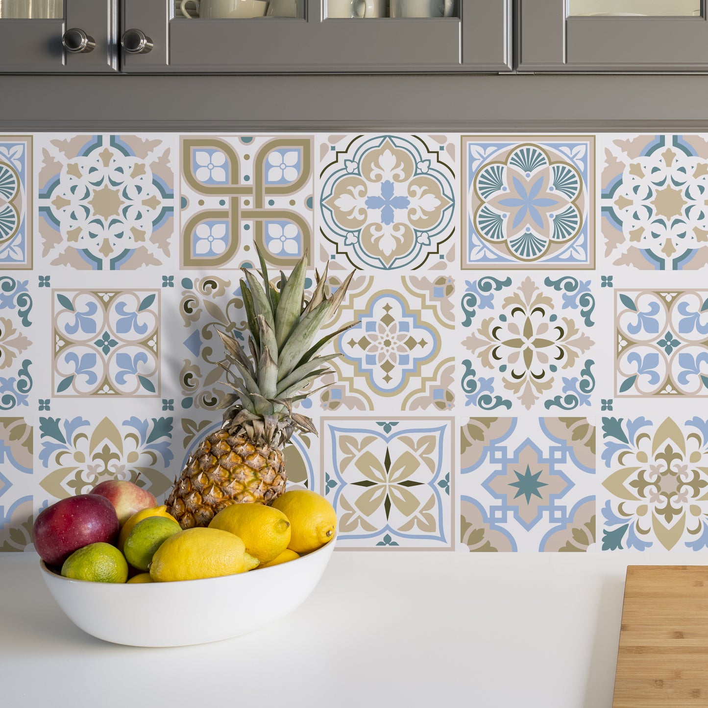 WT1544 - Light Sapphire and Parchment colour Traditional Spanish Tiles Wall Stickers - 15 cm x 15 cm - 24 pcs