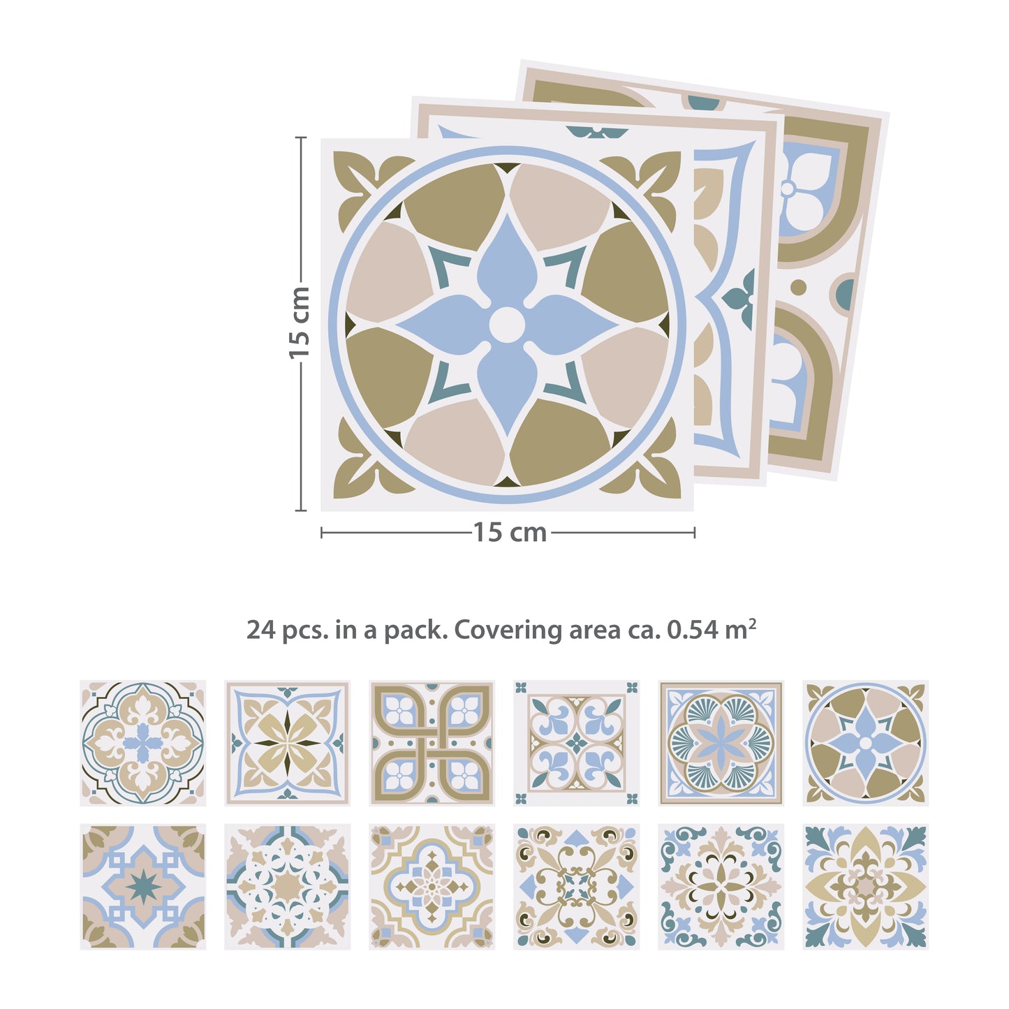 WT1544 - Light Sapphire and Parchment colour Traditional Spanish Tiles Wall Stickers - 15 cm x 15 cm - 24 pcs