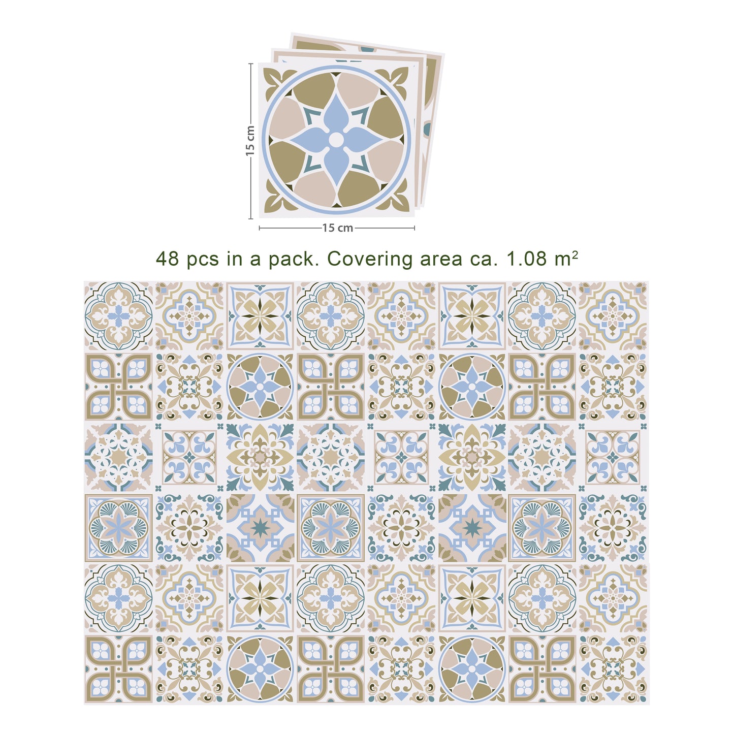 WT1544 - Light Sapphire and Parchment colour Traditional Spanish Tiles Wall Stickers - 15 cm x 15 cm - 24 pcs