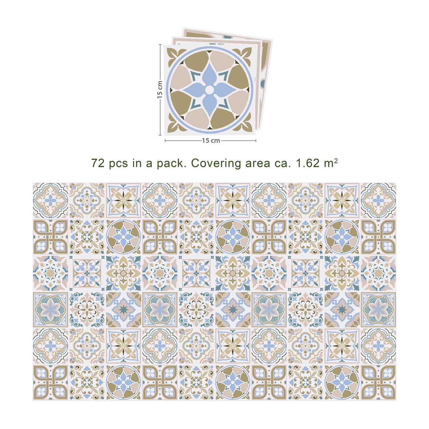 WT1544 - Light Sapphire and Parchment colour Traditional Spanish Tiles Wall Stickers - 15 cm x 15 cm - 24 pcs