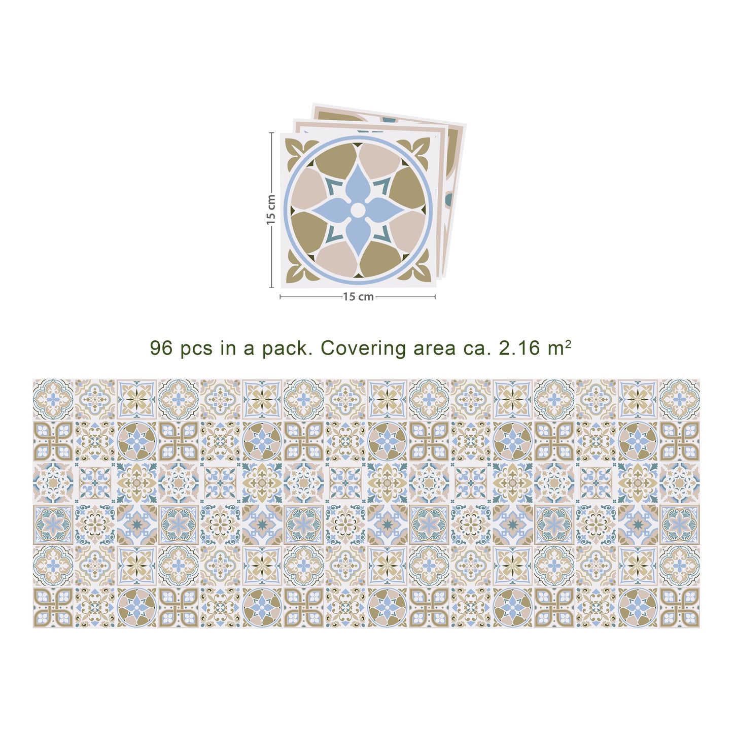 WT1544 - Light Sapphire and Parchment colour Traditional Spanish Tiles Wall Stickers - 15 cm x 15 cm - 24 pcs
