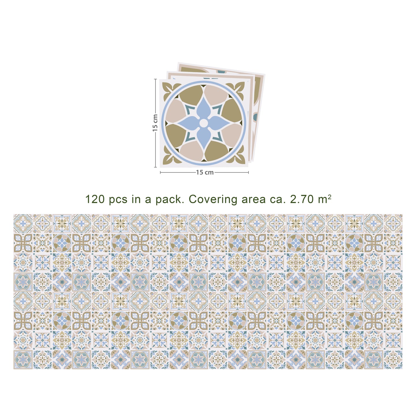 WT1544 - Light Sapphire and Parchment colour Traditional Spanish Tiles Wall Stickers - 15 cm x 15 cm - 24 pcs