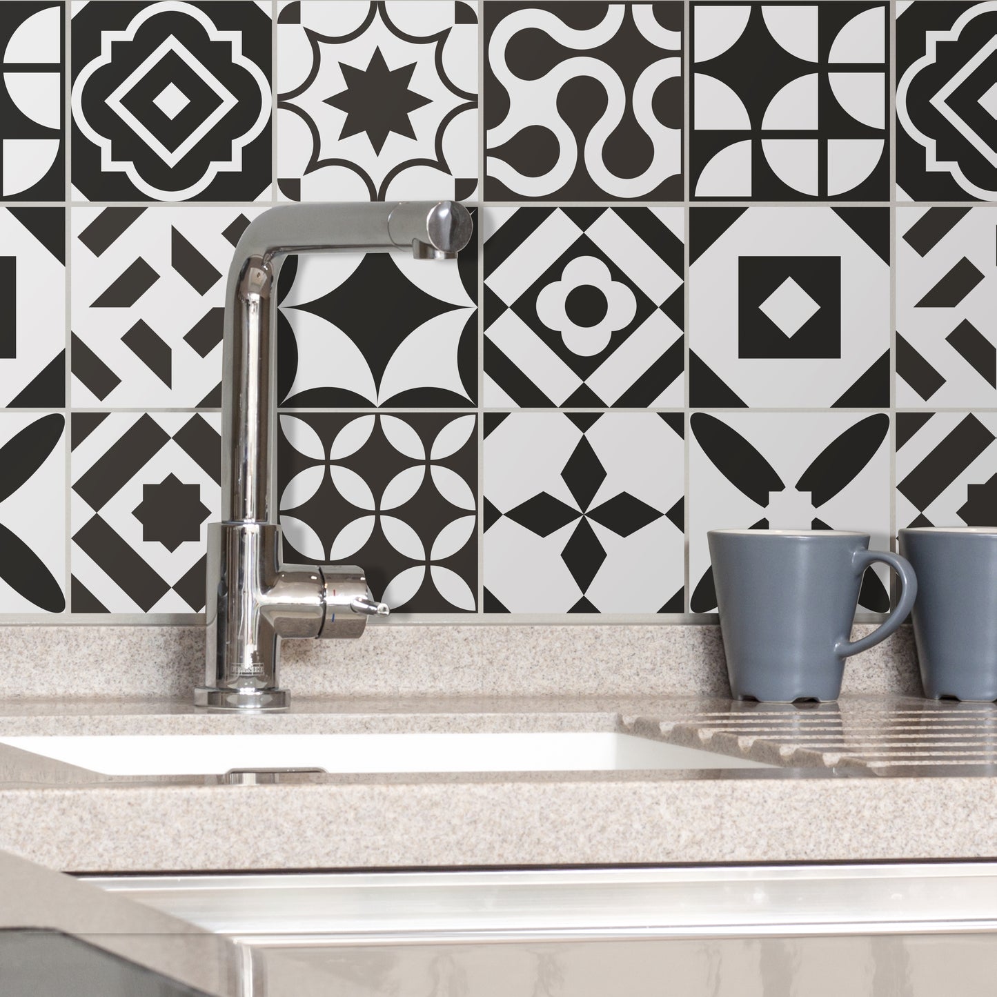 WT1545 - Ross Black and White Wall Tile Sticker Set - 15 cm x 15 cm - 24 pcs