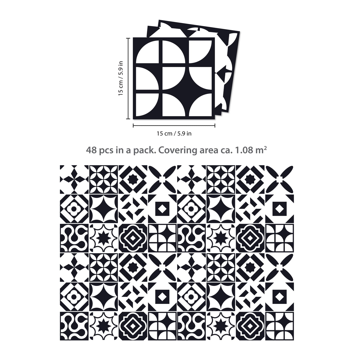 WT1545 - Ross Black and White Wall Tile Sticker Set - 15 cm x 15 cm - 24 pcs