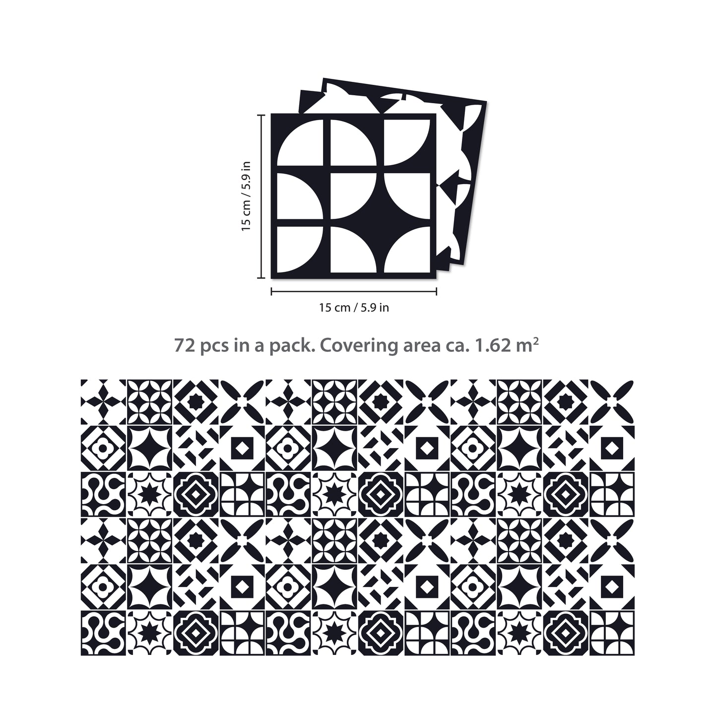 WT1545 - Ross Black and White Wall Tile Sticker Set - 15 cm x 15 cm - 24 pcs