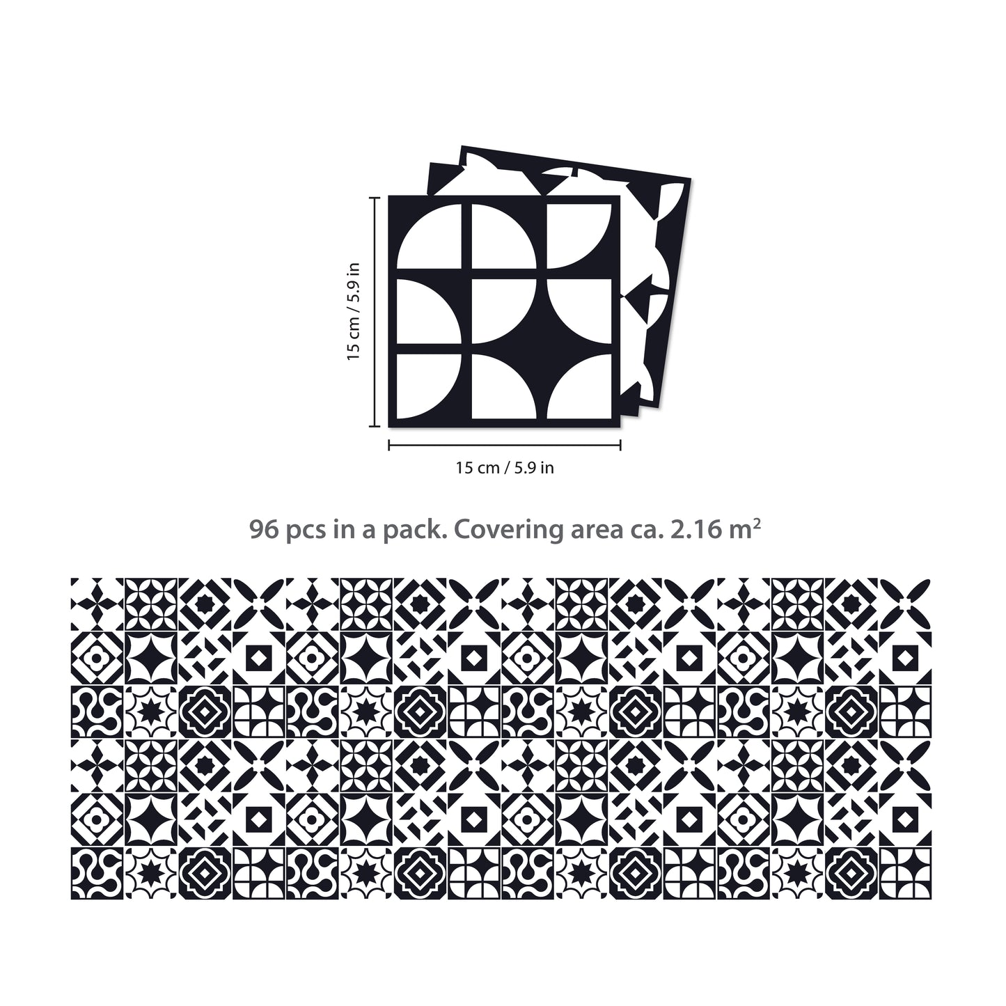 WT1545 - Ross Black and White Wall Tile Sticker Set - 15 cm x 15 cm - 24 pcs