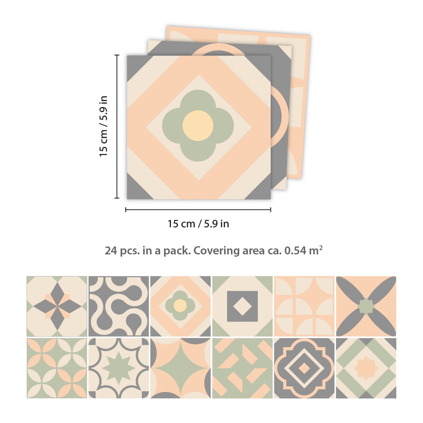 WT1546 - Kansas Baby Rose and Pastel Green Wall Tile Sticker Set - 15 cm x 15 cm - 24 pcs