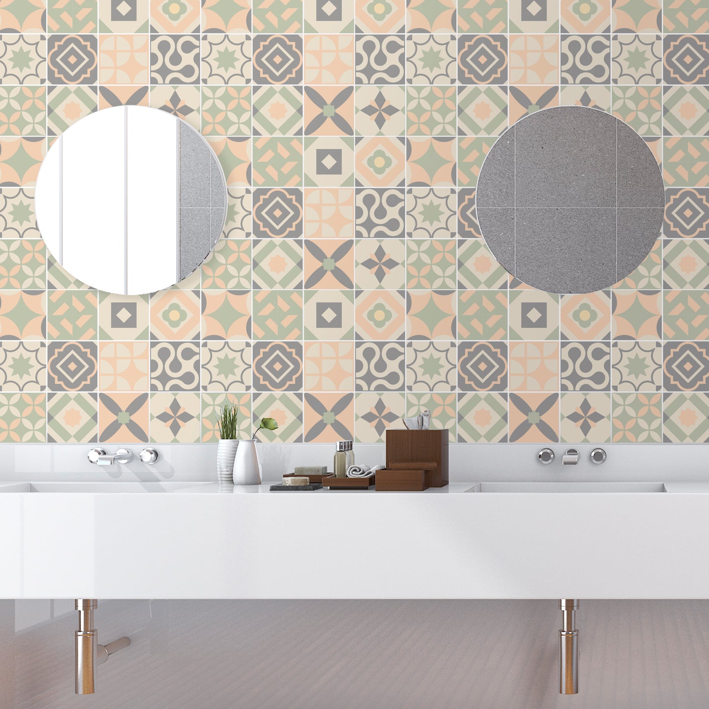 WT1546 - Kansas Baby Rose and Pastel Green Wall Tile Sticker Set - 15 cm x 15 cm - 24 pcs