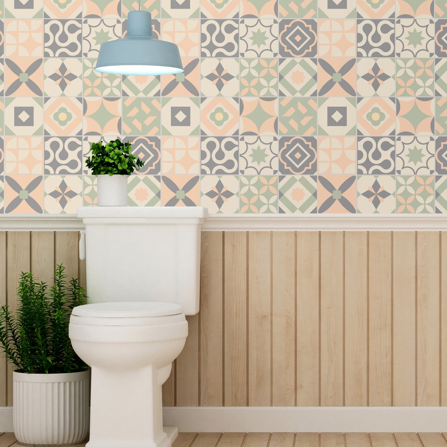 WT1546 - Kansas Baby Rose and Pastel Green Wall Tile Sticker Set - 15 cm x 15 cm - 24 pcs