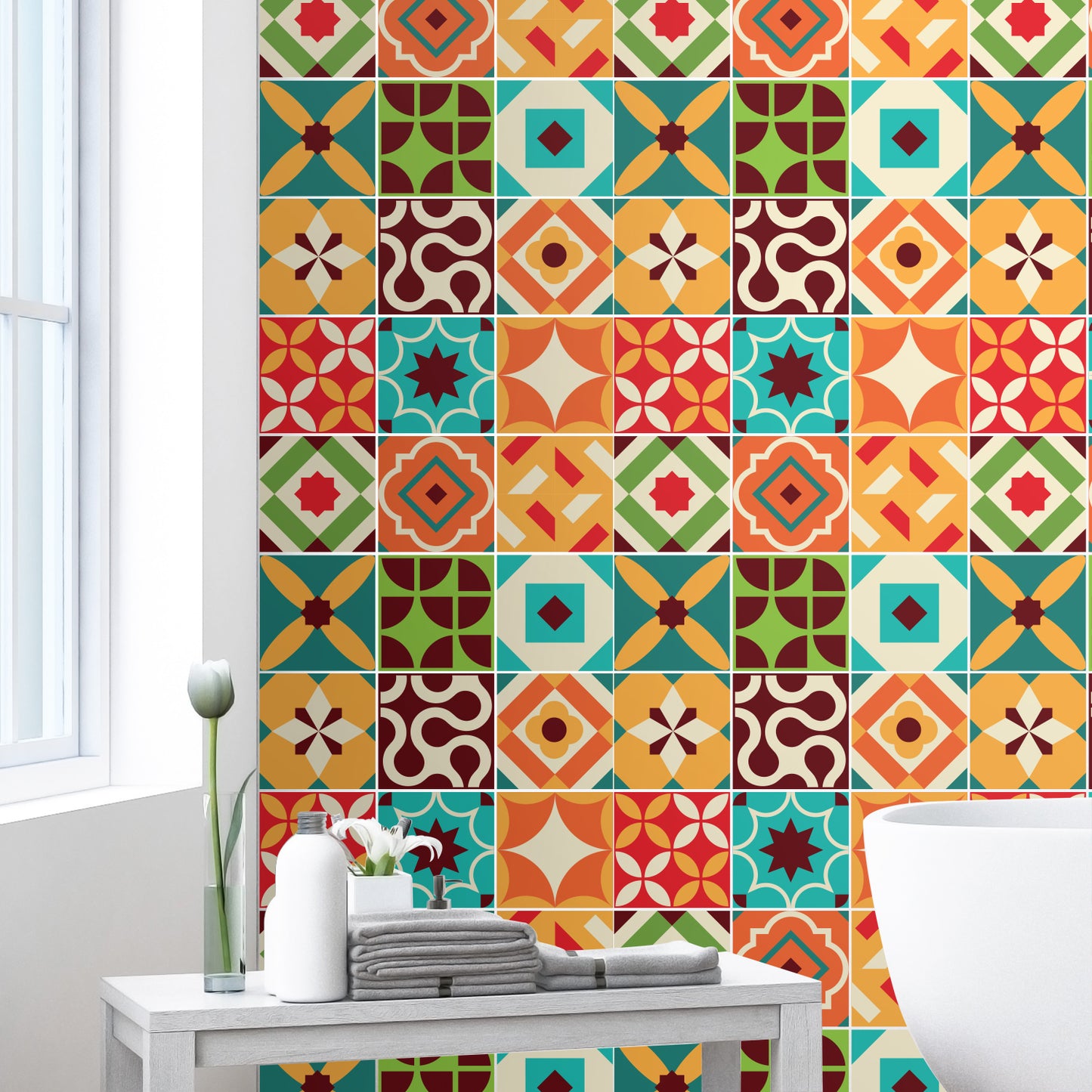 WT1549 - Ziggy Colourful Retro Wall Tile Sticker Set - 15 cm x 15 cm - 24 pcs