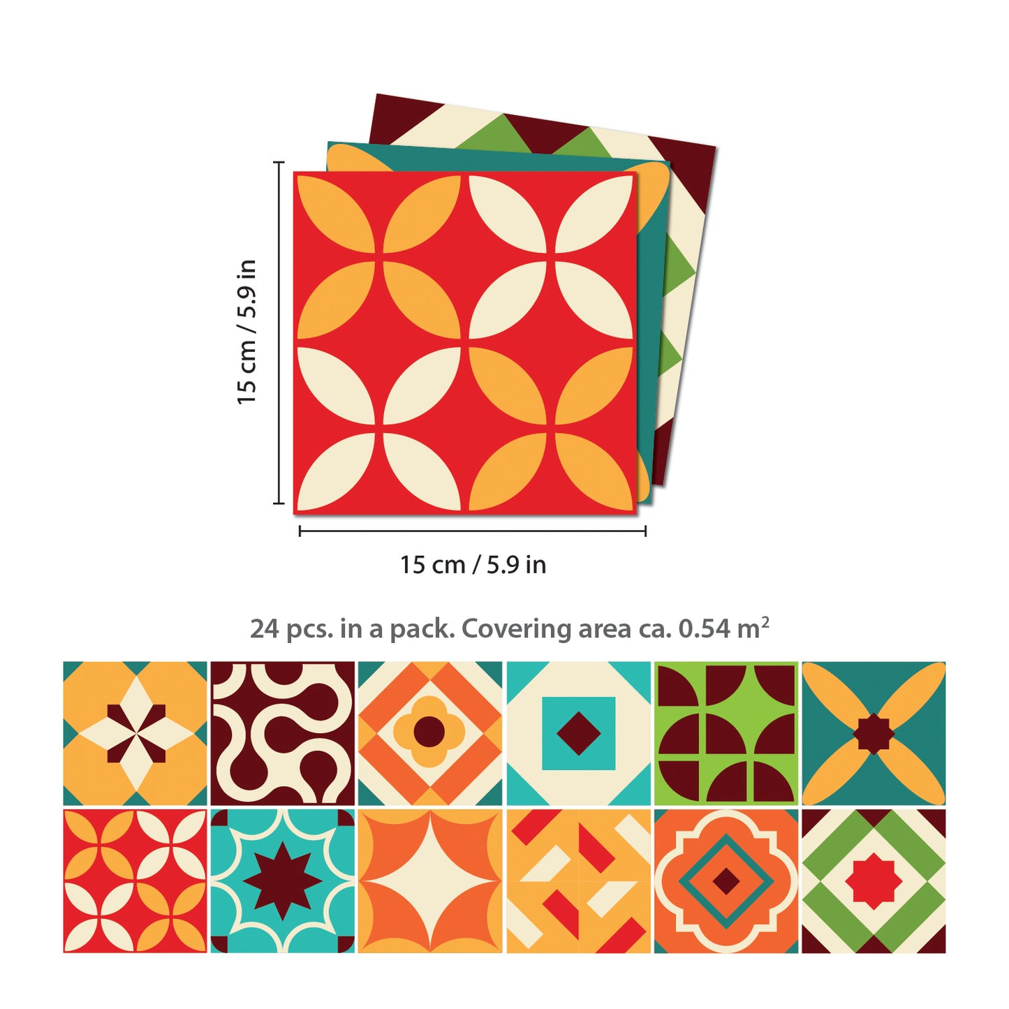 WT1549 - Ziggy Colourful Retro Wall Tile Sticker Set - 15 cm x 15 cm - 24 pcs