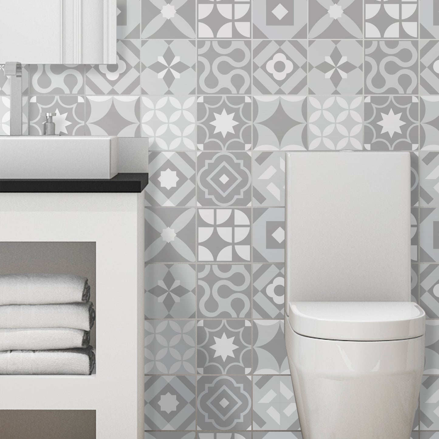 WT1550 - Campbell Cement Light Grey Retro Tile Sticker Set - 15 cm x 15 cm - 24 pcs