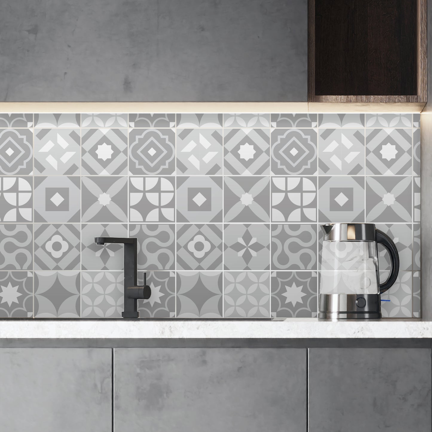 WT1550 - Campbell Cement Light Grey Retro Tile Sticker Set - 15 cm x 15 cm - 24 pcs