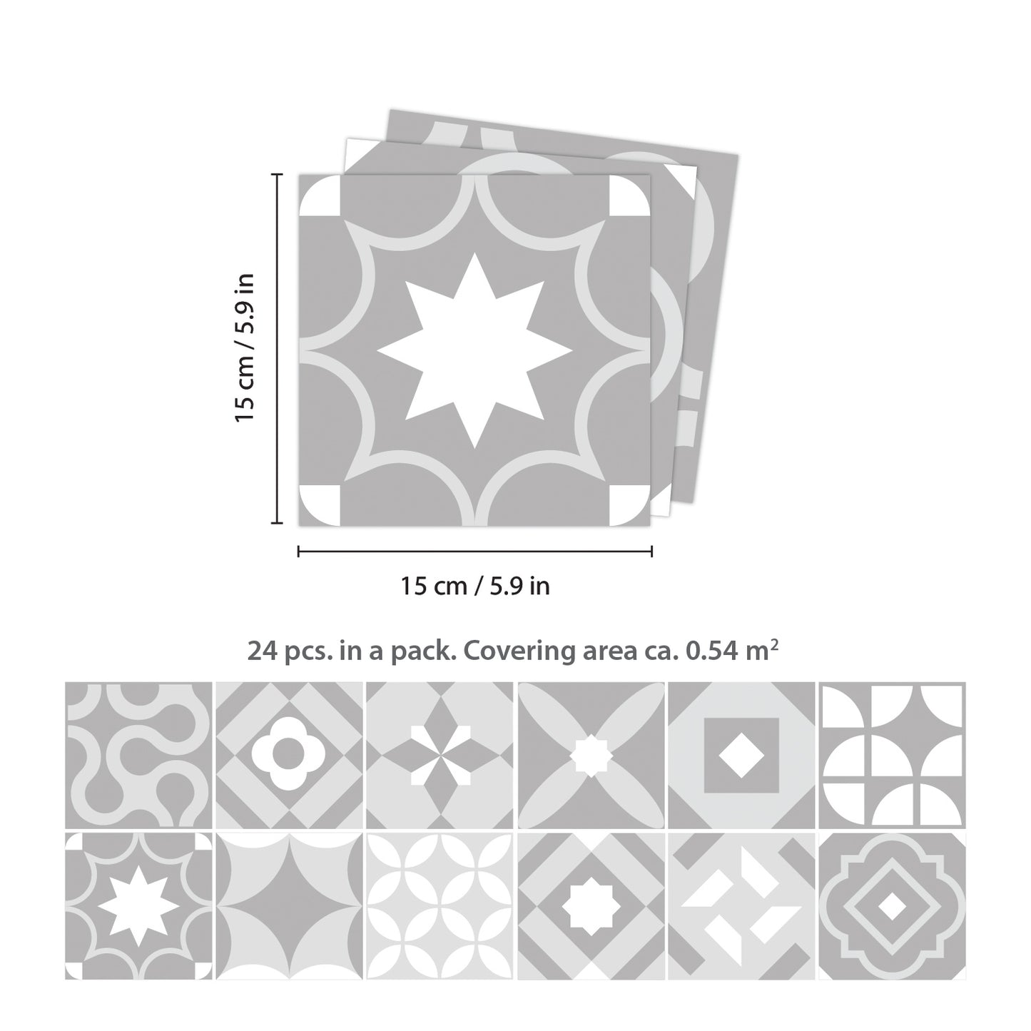WT1550 - Campbell Cement Light Grey Retro Tile Sticker Set - 15 cm x 15 cm - 24 pcs
