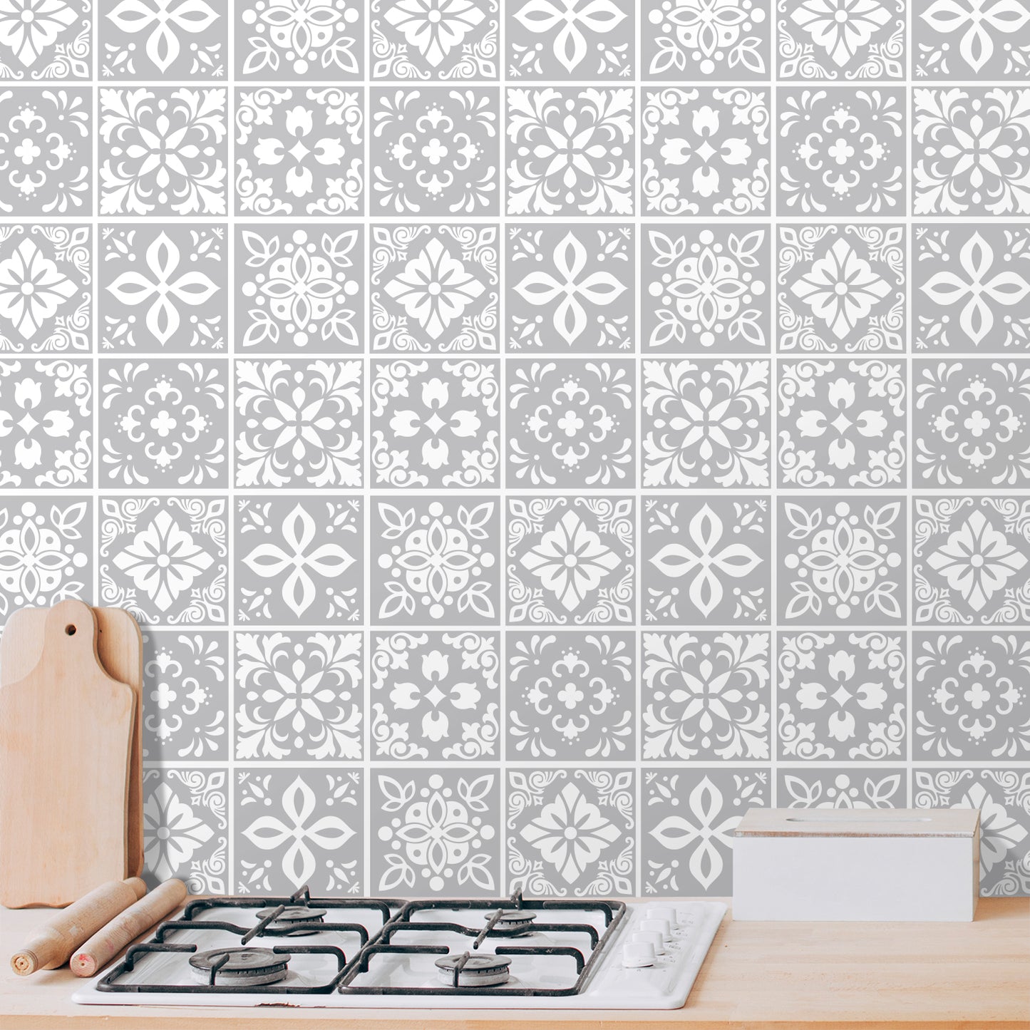WT1556 - Andalu Light Grey Cement Spanish Wall Tile Sticker Set - 15 cm x 15 cm - 24 pcs