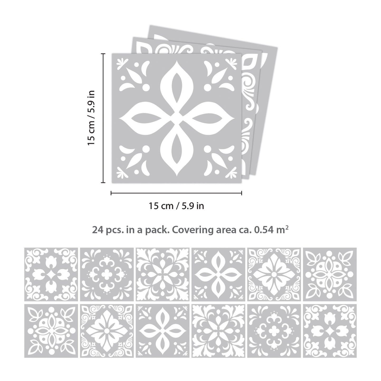 WT1556 - Andalu Light Grey Cement Spanish Wall Tile Sticker Set - 15 cm x 15 cm - 24 pcs