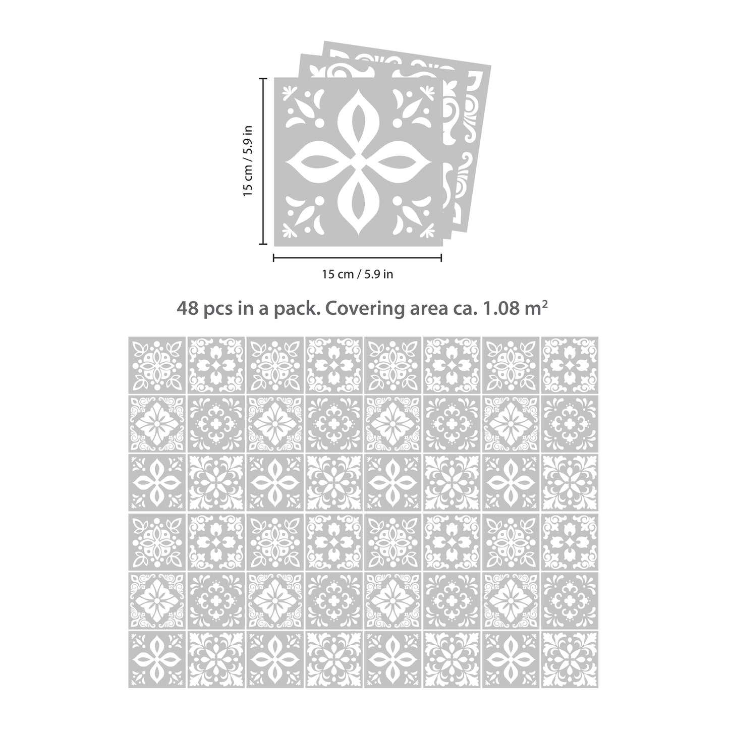WT1556 - Andalu Light Grey Cement Spanish Wall Tile Sticker Set - 15 cm x 15 cm - 24 pcs