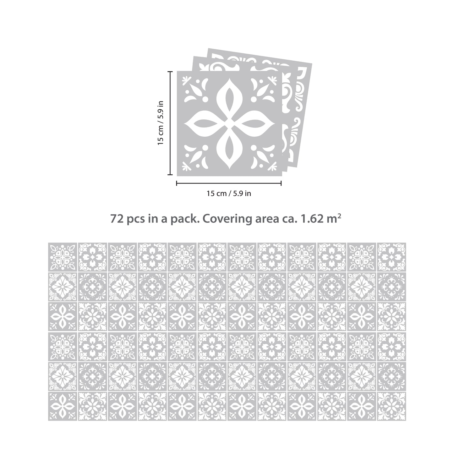 WT1556 - Andalu Light Grey Cement Spanish Wall Tile Sticker Set - 15 cm x 15 cm - 24 pcs